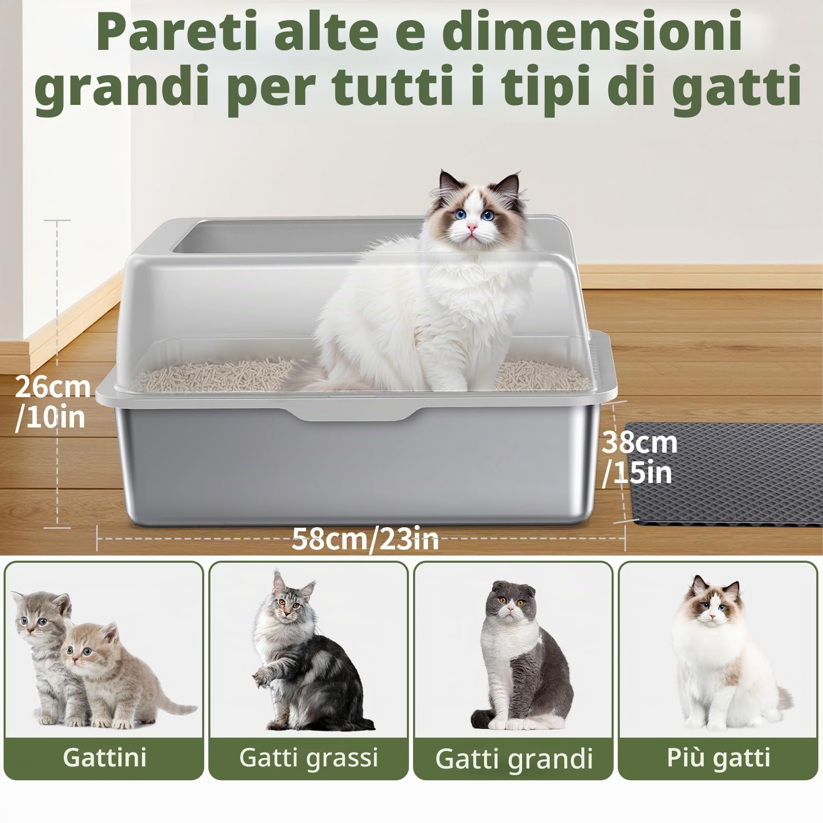Gimars XL lettiera in acciaio per gatti, ampia vaschetta in acciaio inox da 20L con paletta e tappetino, lettiera in metallo ideale per gatti di taglia media e grande