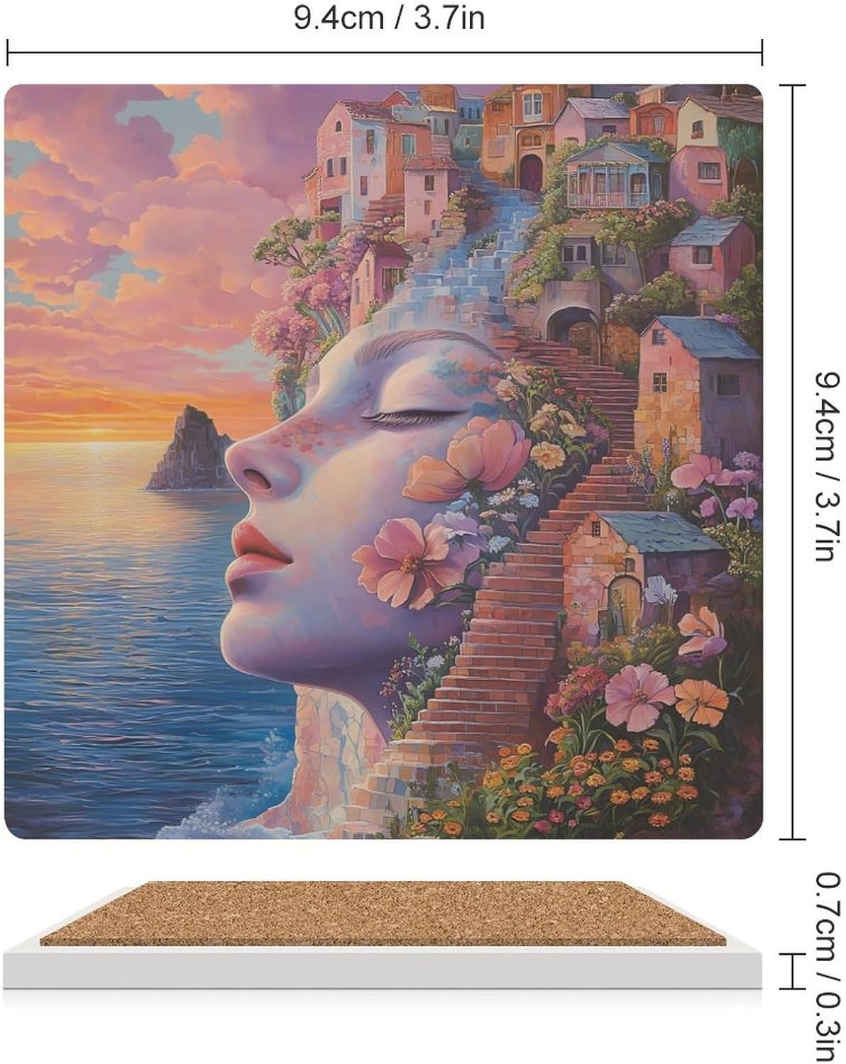 Beach Womans Face House Ceramic Coasters Set Square Drink Coasters Table Coaster for Kitchen Desktop Decor