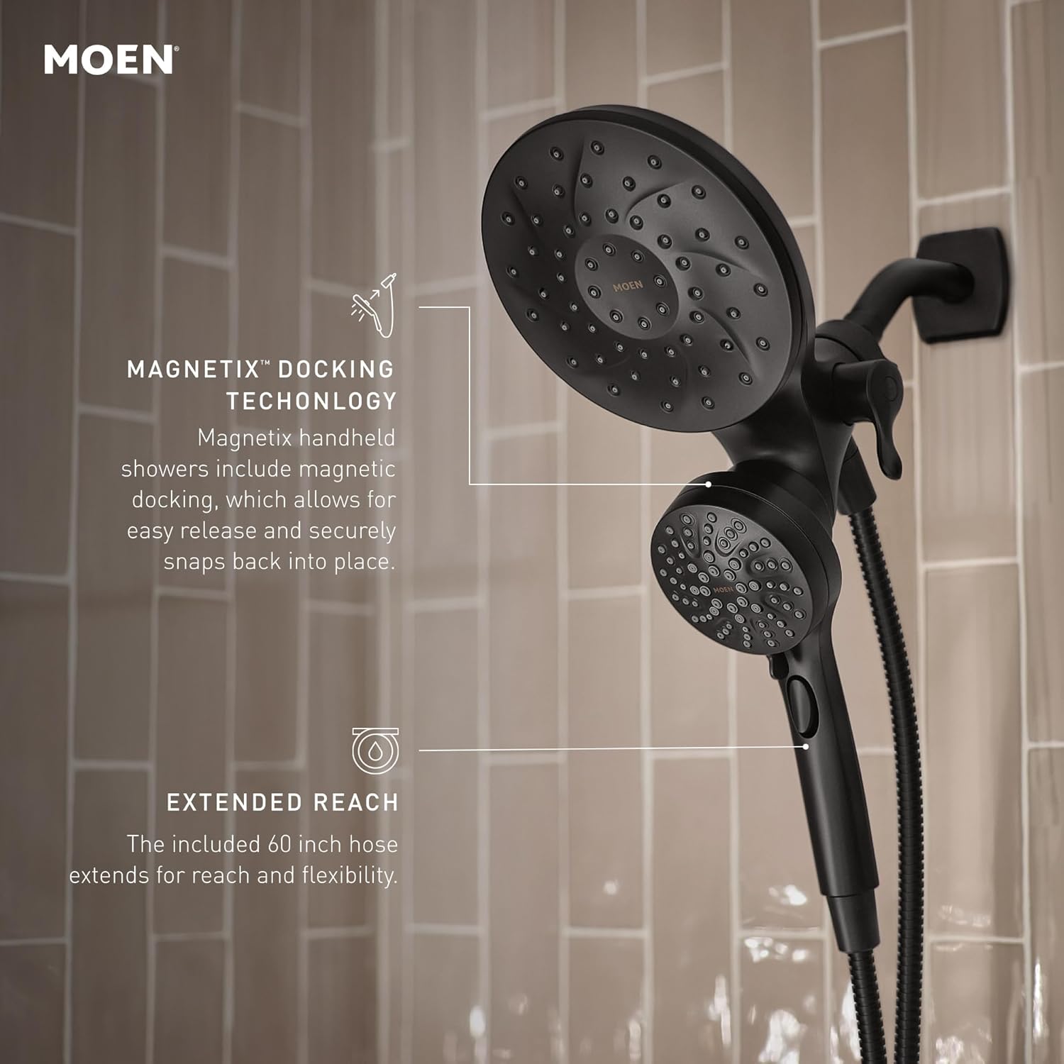 Moen Engage Matte Black 2.5 GPM Handheld Showerhead and Rain Shower 2-in-1 Combo Featuring Magnetic Docking System and Metal Hose, 26009BL - Image 4
