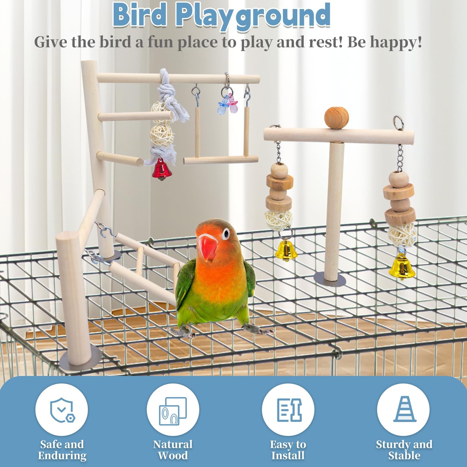 PINVNBY Parque Infantil para pájaros, Loros, Gimnasio, Jaula para periquitos, Soporte de Madera para corralito, escaleras para Masticar, Escalar, Juguete de Jaula de pájaros, Accesorios para cacatúa,
