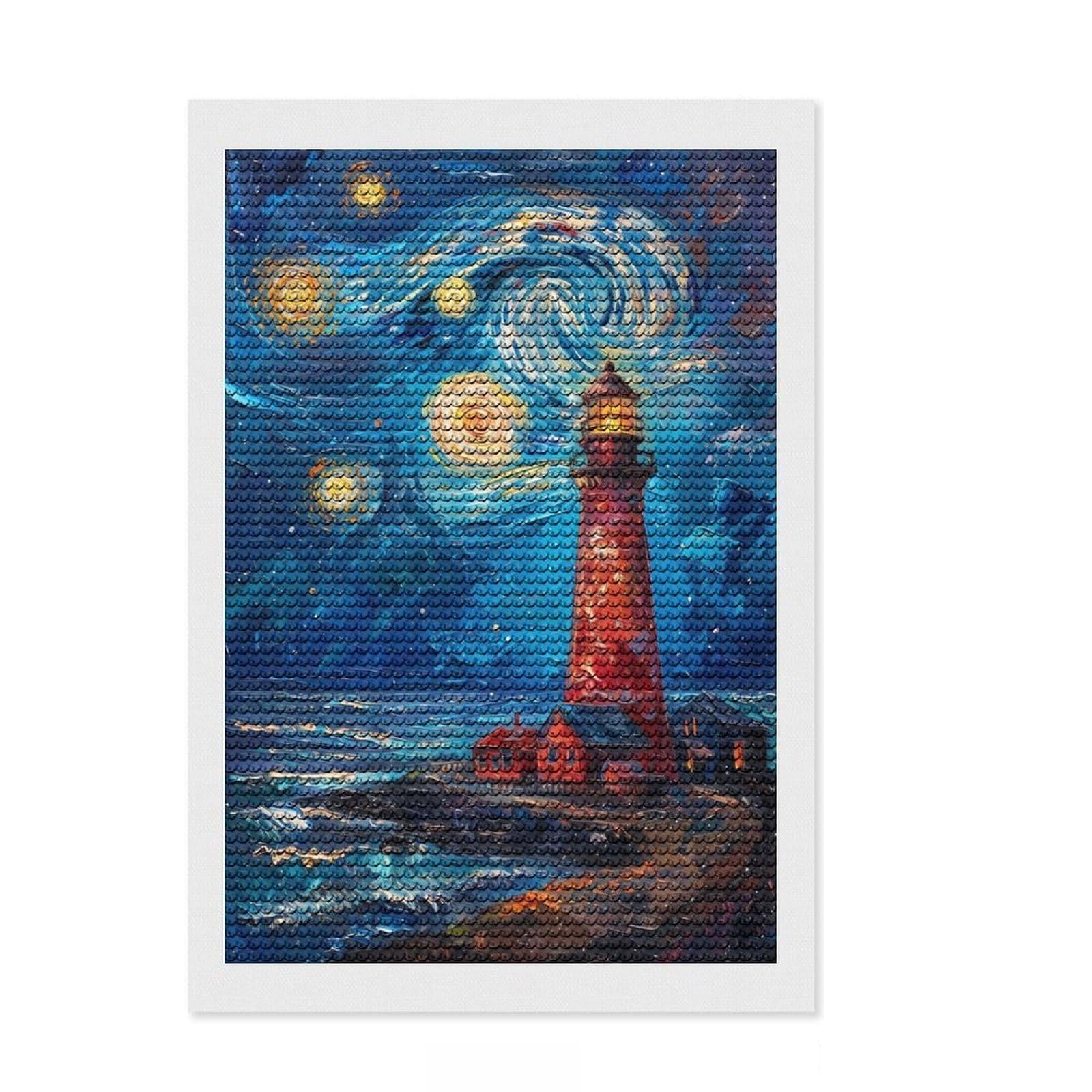 Junmoney Starry Night Lighthouse Crystal Diamond Art Kit 8"x12", Boho Decor, Stress Relief Craft, Full Kit Included, Fun Craft Activity