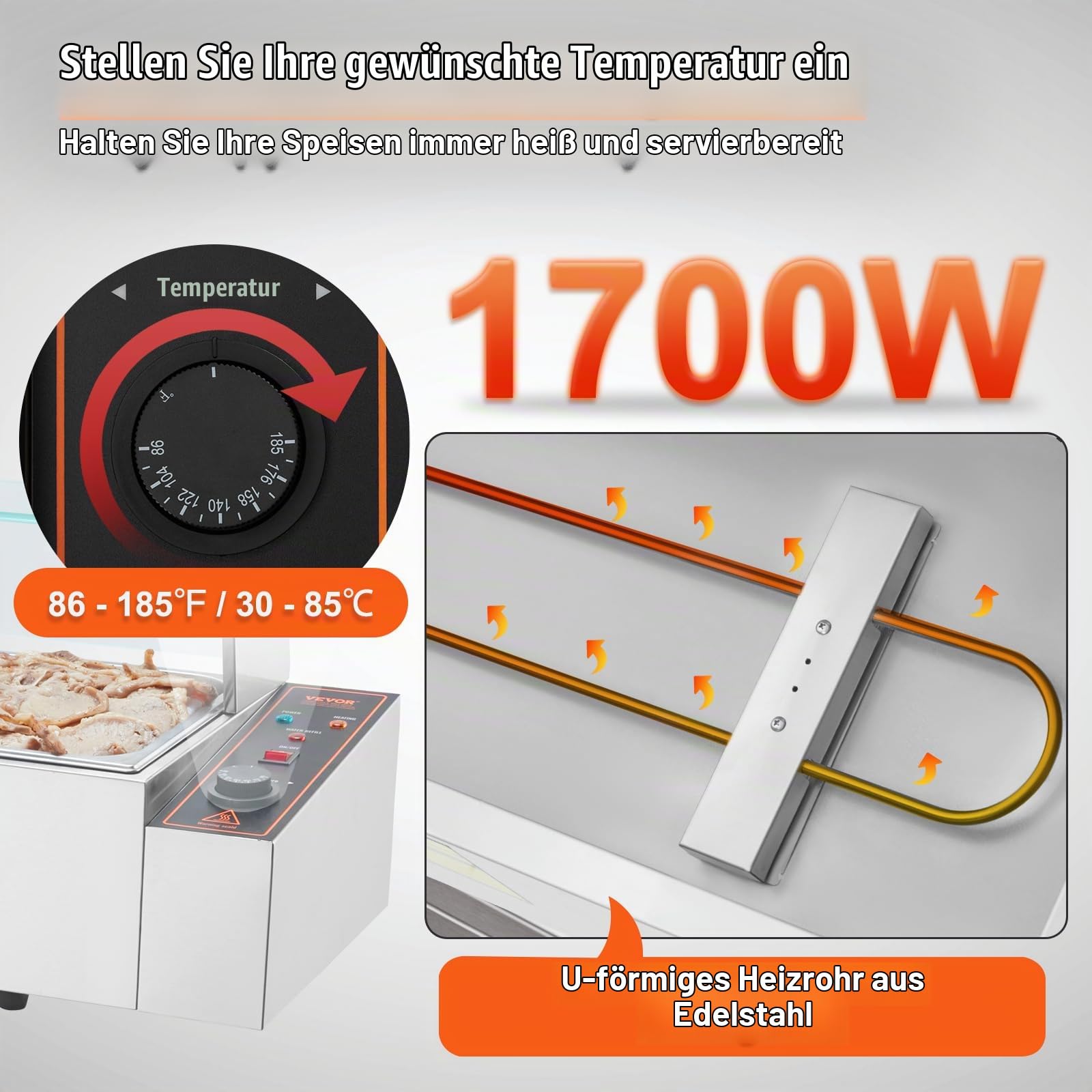 VEVOR Kommerzieller Speisenwärmer mit 5 x 8 Qt Behältern, elektrischer Dampftisch mit Glasabdeckung, 1700 W Arbeitsplatte aus Edelstahl, Buffet-Bain-Marie, 30–85 °C Temperaturregelung für Gastronomie