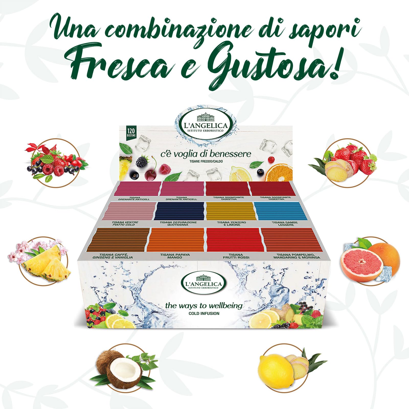L'Angelica Tisane a Freddo, Cofanetto da 120 Filtri di Tisane Miste con Ingredienti Naturali,Tisane Drenanti e Sgonfianti, Tisane Depurative Ventre Piatto e Gambe Leggere, e Altre