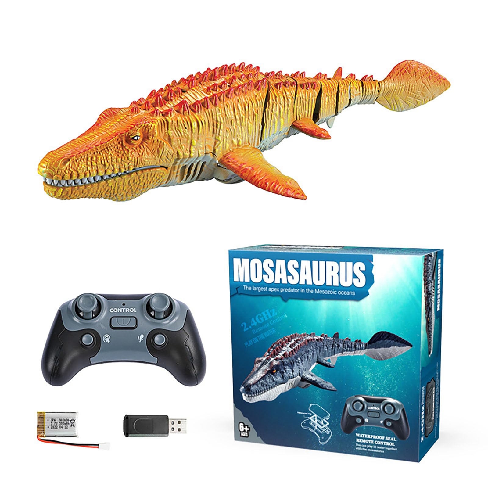 Adius Barca Telecomandata Mosasaurus 2.4GHz, Nuotatore con Luce Spray RC per Bambini, di simulazione Mosasaurus, Piscine e Laghi Giocattolo Spruzzare Acqua (Giallo)