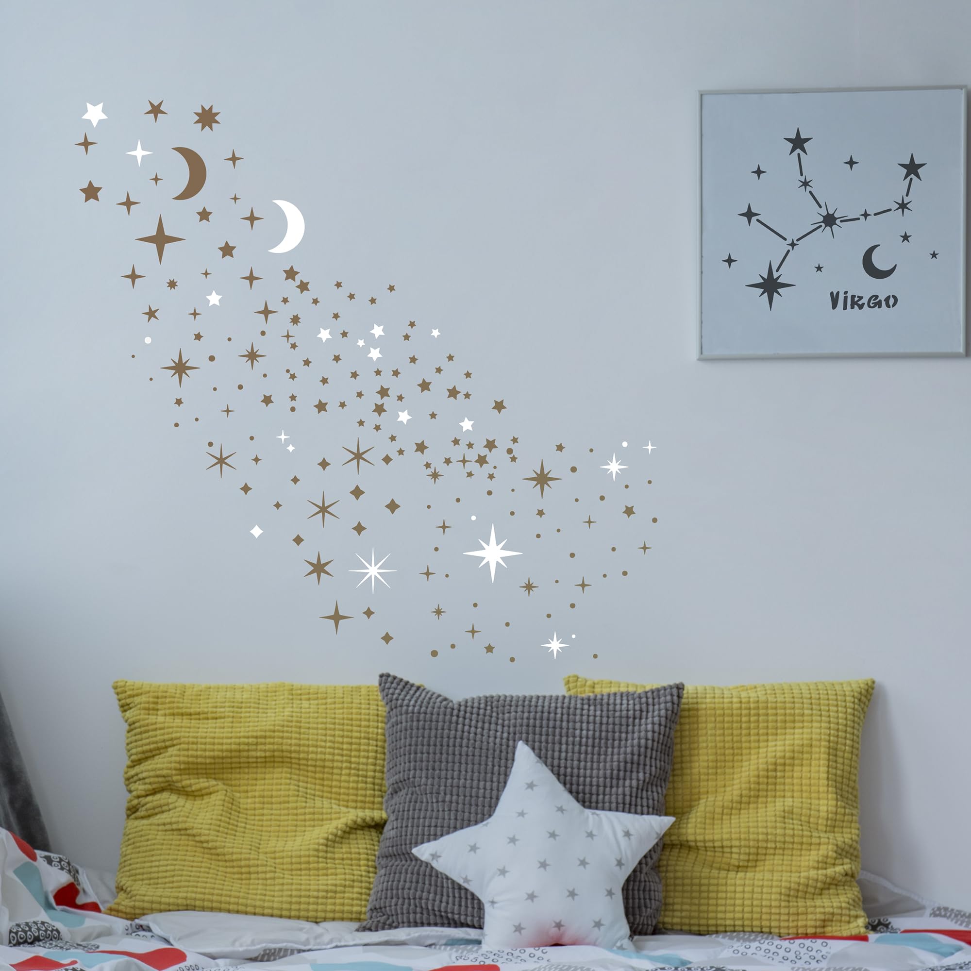 Keluna Plantillas de estrellas y luna para pintar sobre madera, pared, lienzo, muebles, 16 plantillas grandes reutilizables de constelación del zodiaco para decoración del hogar