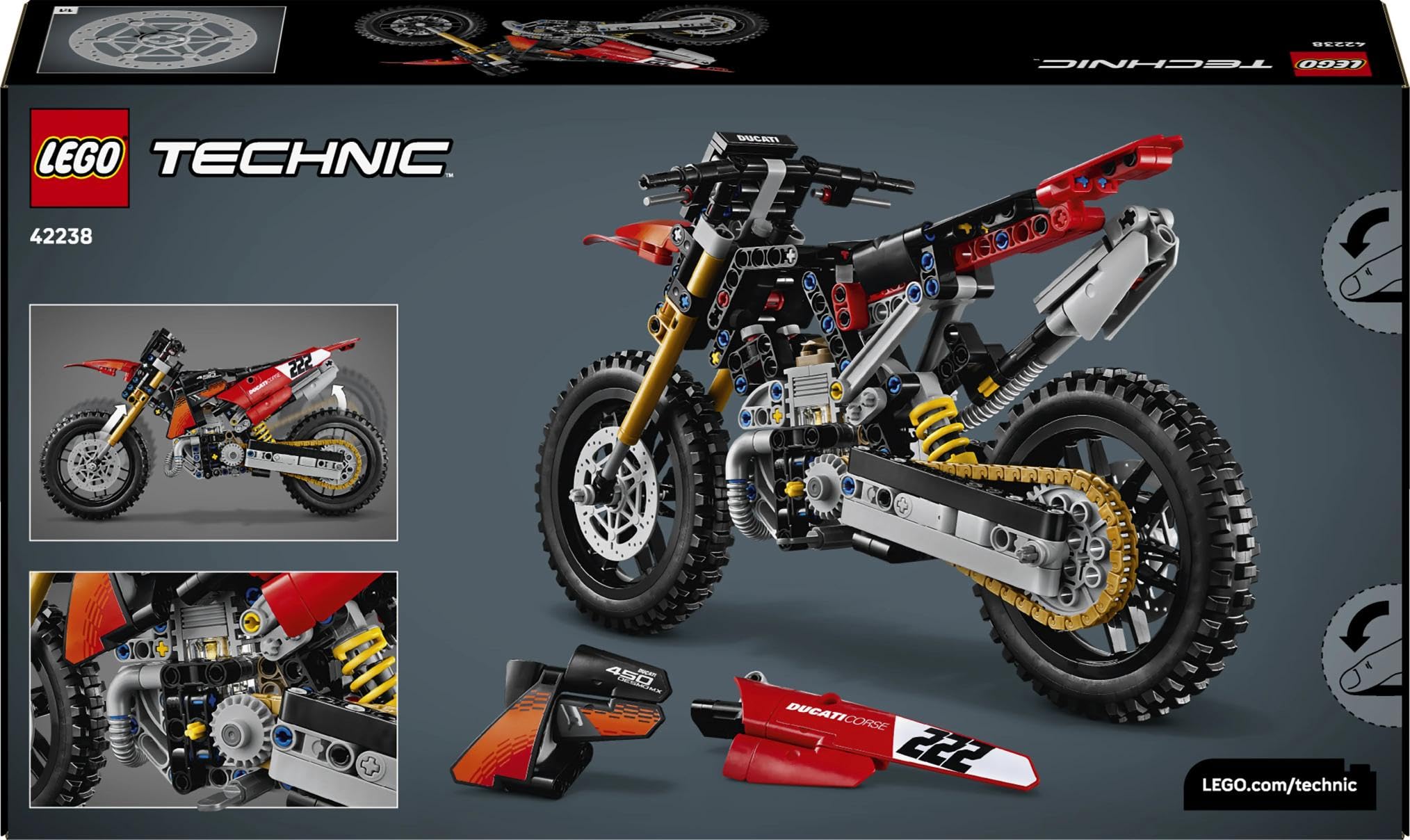 LEGO Technic Moto Ducati Desmo450 MX Factory - Kit di Modellismo - Moto Giocattolo con Motore a Cilindri e Sospensioni - Decorazione Cameretta - Regalo per Bambini da 10 Anni in su da Collezione 42238