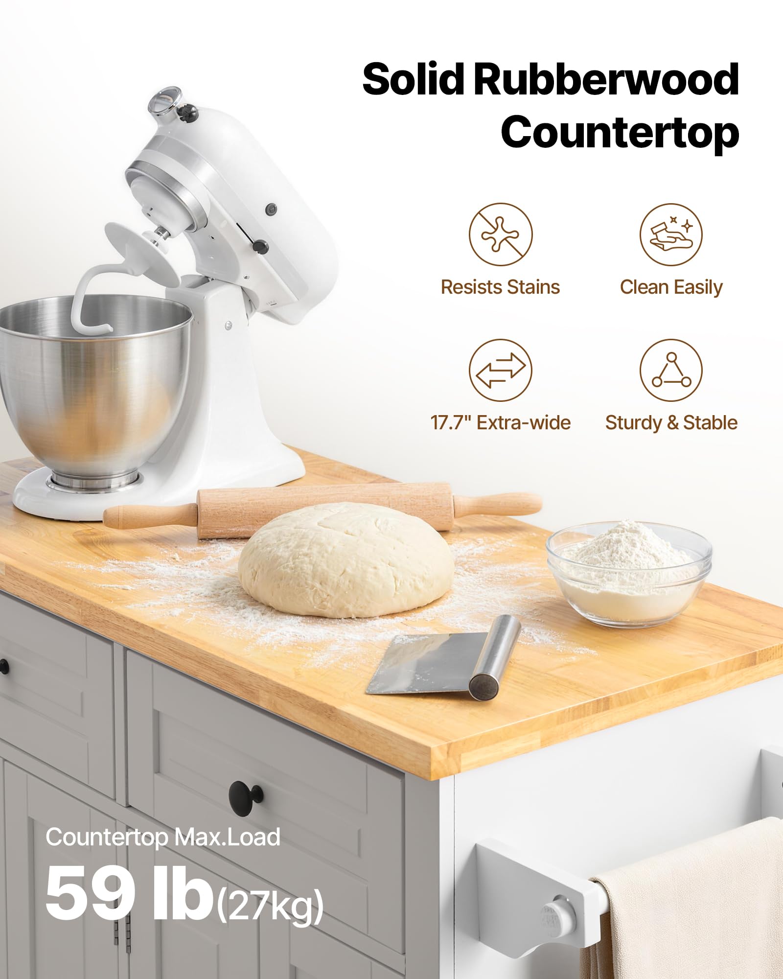 VEVOR Îlot Central 90x45 cm Desserte de Cuisine à roulettes 2 Armoires 2 Tiroirs Meuble de Cuisine avec Plan de Travail en Bois Massif Porte-Épices Porte-Serviettes Buffet de Rangement Bar Cuisine