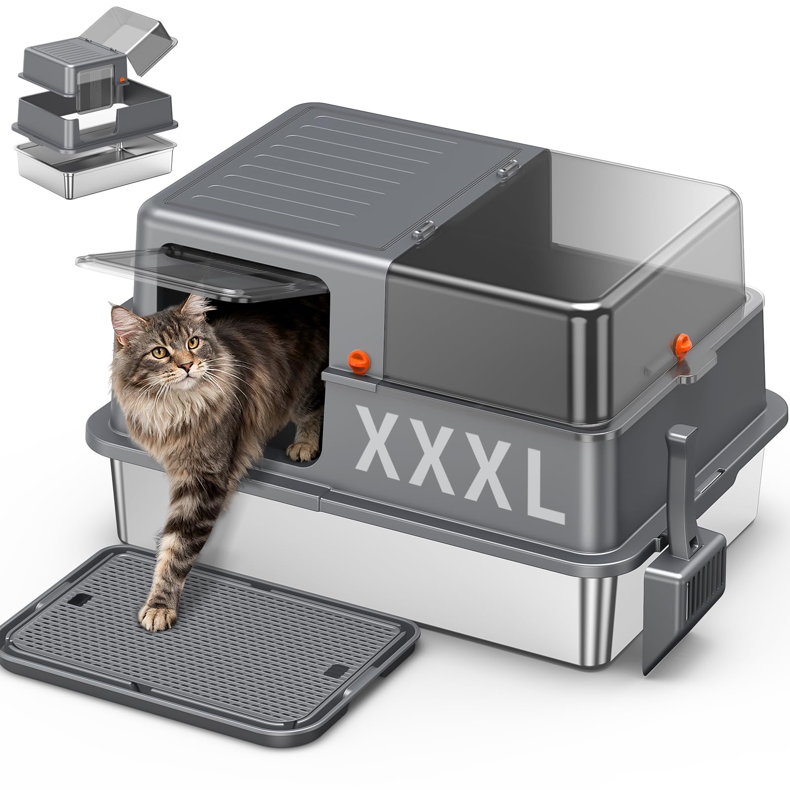 XXXL Stainless Steel Litter Box with Lid，28.3" L x 20.2" W x 17.3" H Extra Large Enclosed High Sided Metal Cat Litter Box for Large Cat and Multiple Cats,Non-Sticky, Anti-Leakage, Easy to Clean