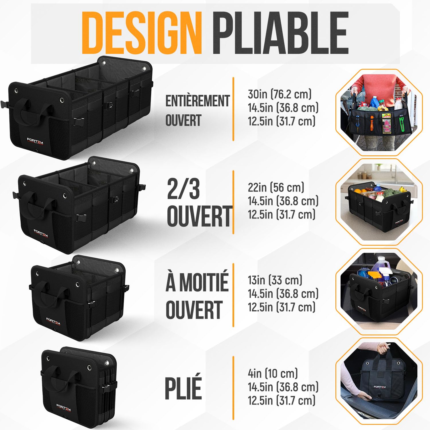 FORTEM Rangement Coffre de Voiture, Pratique et Spacieux, Boite Rangement voiture interieur pliable, Organisateur de Coffre Fond Antidérapant, Sangles de Sécurité et couvercle souple, Car Accessories