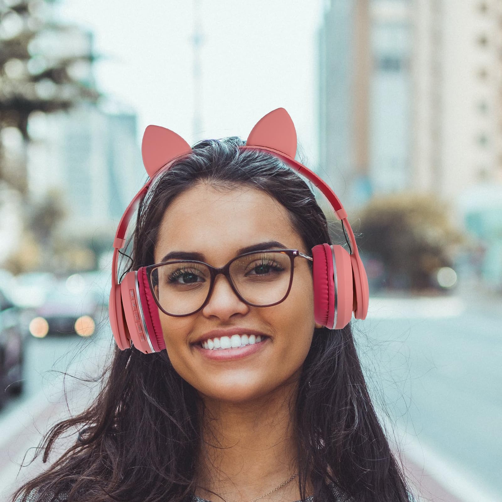 SHERCHPRY Auriculares Orejas de Gato LED Rosas, Diadema Ajustable