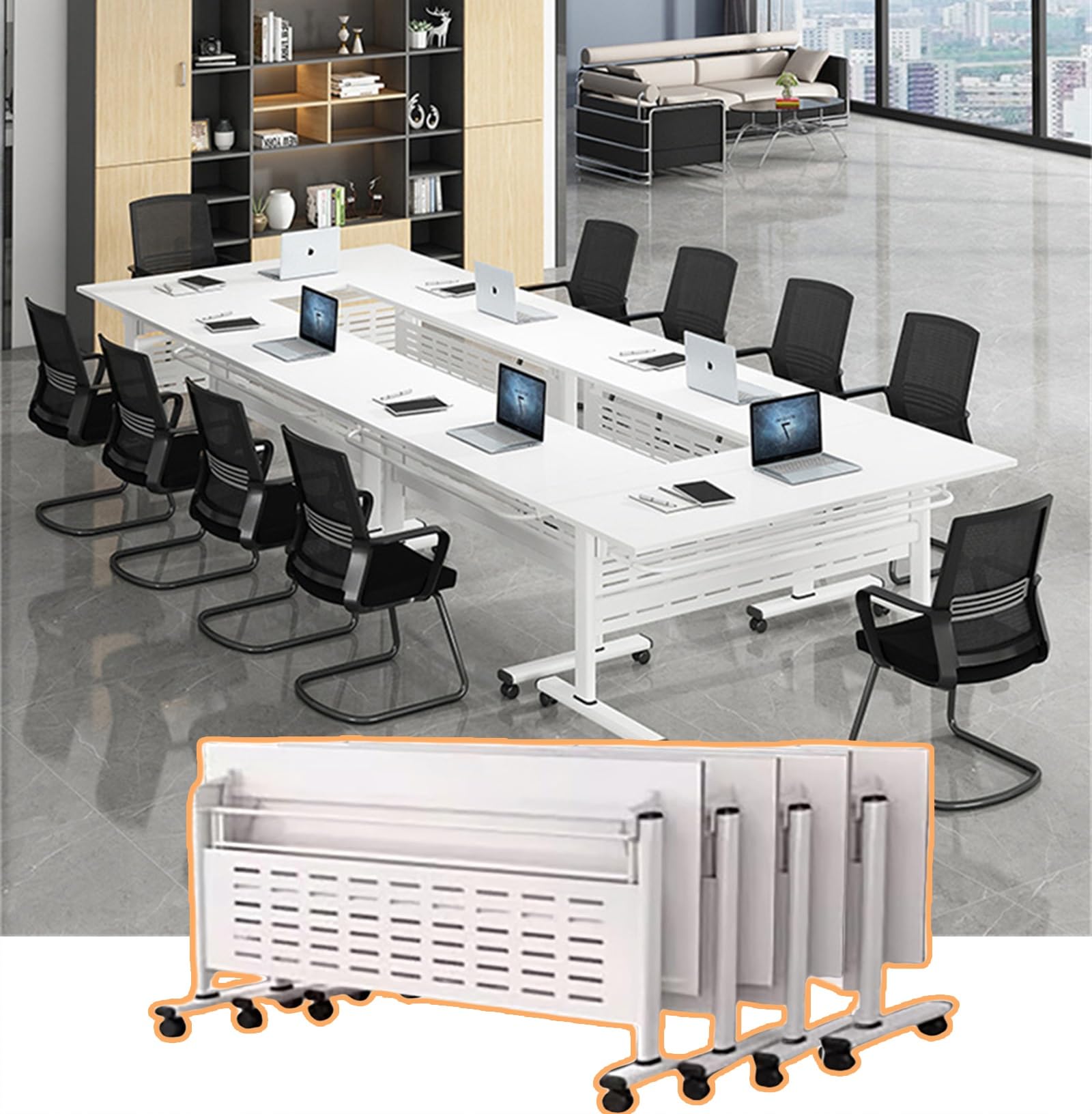 Folding Conference Table, 1/2/4/6/8 Pack Modern Foldable Conference Room Tables combinable trapezoidal Conference with Wheels, Meeting Table Flip