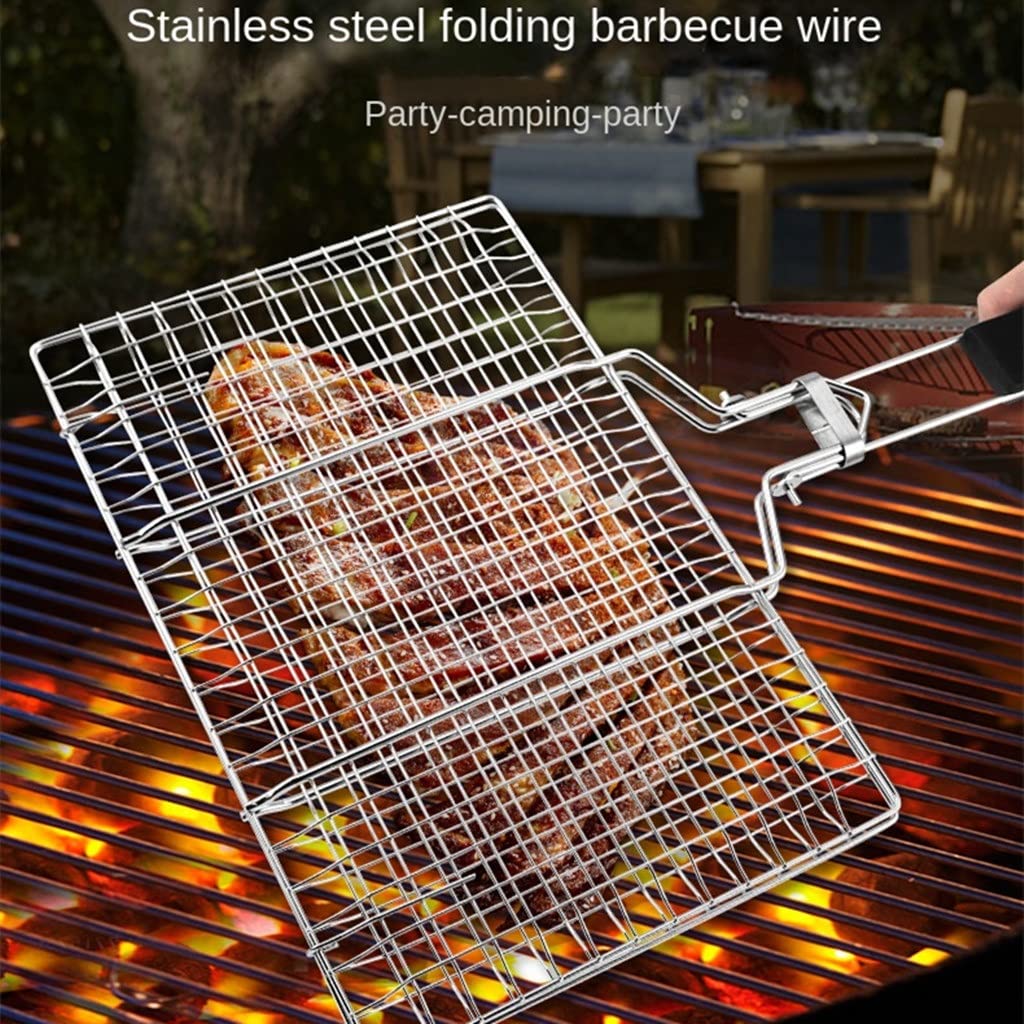 Cestino per grigliate per Barbecue in Ferro Antiaderente con Manico in faggio griglia per griglia per Pesce per Campeggio all'aperto