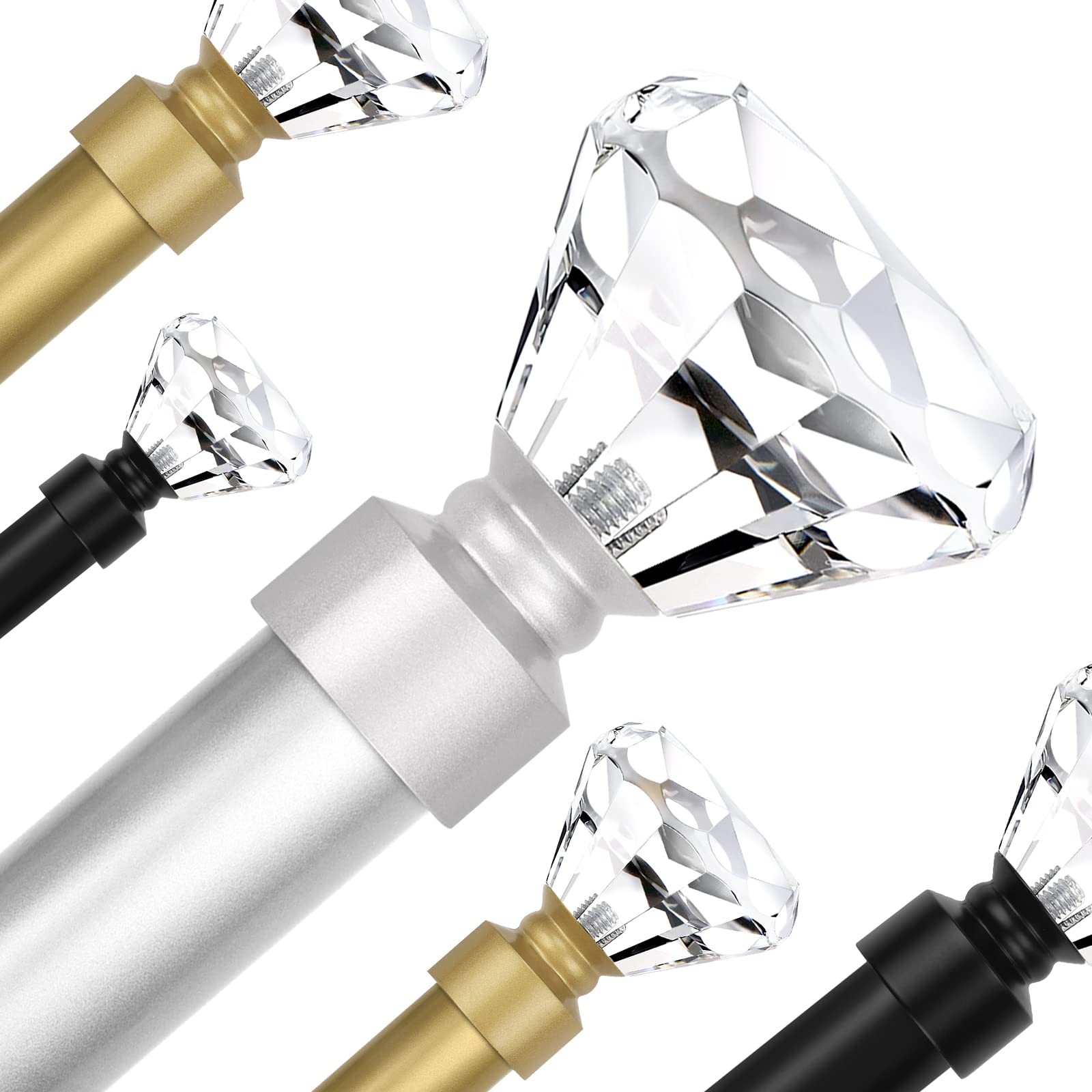 Photo 1 of 1 Pack Curtain Rods for Windows 22 to 42 Inches?1.8-3.5 Feet?, 1 Inch Diameter Adjustable Single Window Rod, Decorative Drapery Rods, Crystal Diamond Finials, Silver 22-42" | 1 Pack Satin Nickel