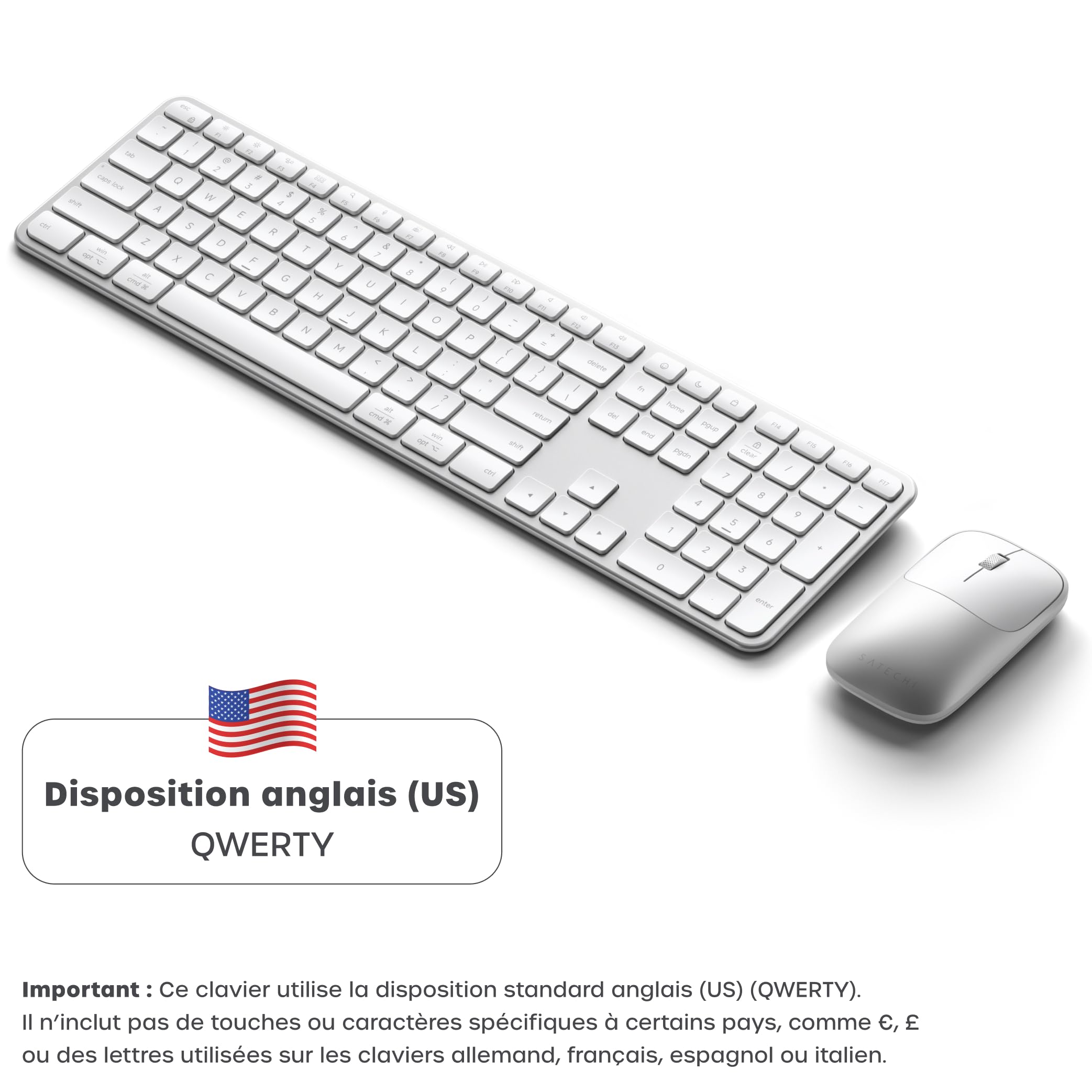 Satechi Combo Clavier et Souris sans Fil Slim CEX3, QWERTY US, Argent