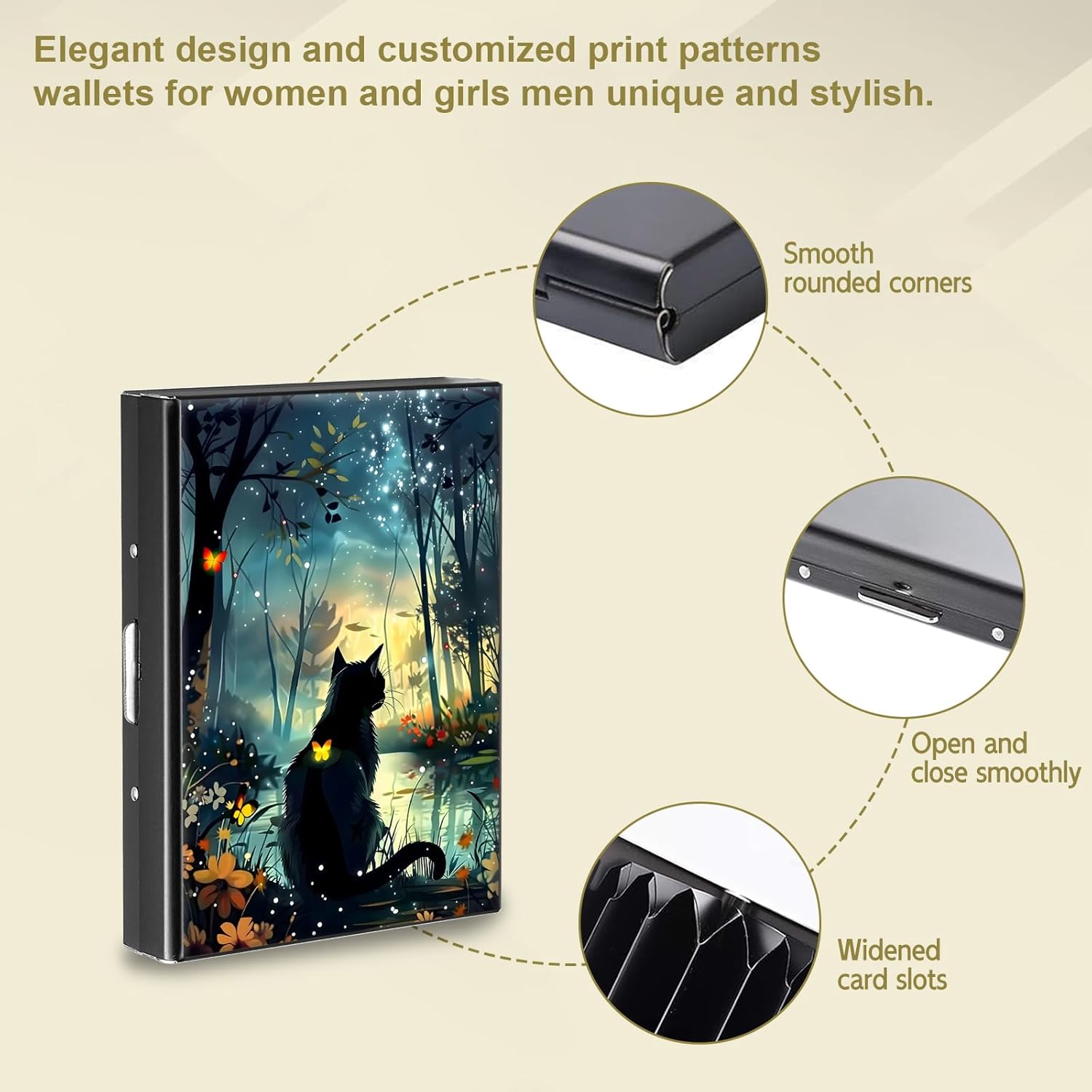 Credit Card Holder Metal Wallet for Women Men, RFID Blocking Slim Metal Credit Card Wallet, Aluminum Hard Business ID Card Case Wallet with 6 Card Slots, Black Cat Forest - Image 3