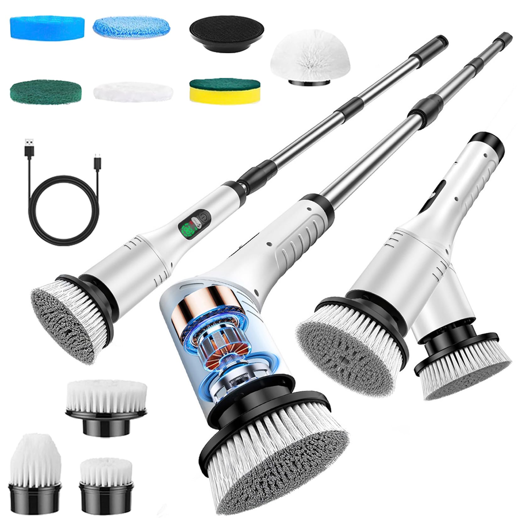 Brosse Nettoyage Electrique avec 9 têtes, Brosse Electrique Nettoyage étanche IPX6, 2 Vitesses Télescopique Brosse Rotative pour Salle de Bain, Cuisine, Sol, Voiture