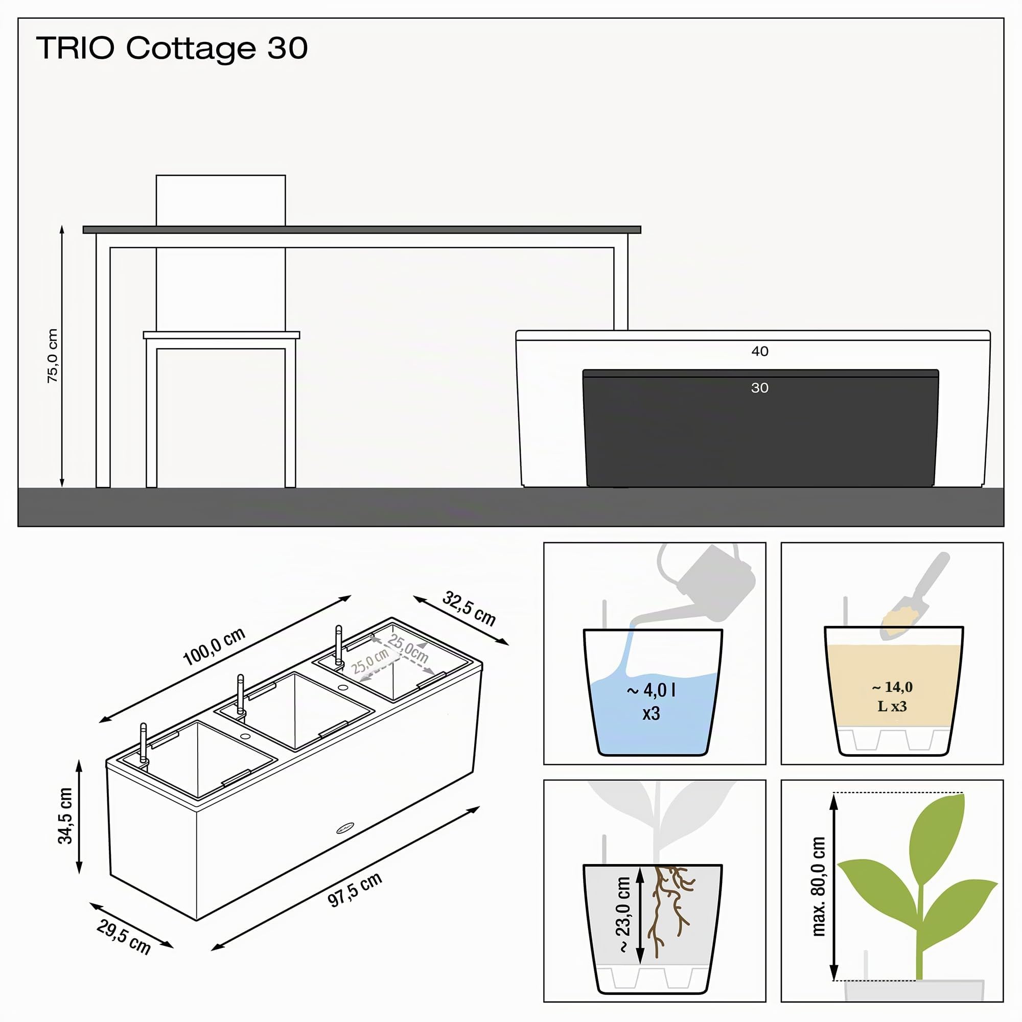 Lechuza Cottage Trio Pot de Fleurs d'Extérieur et d'Intérieur avec Réserve d'Eau Intégrée Granit 100 x 32 x 34 cm