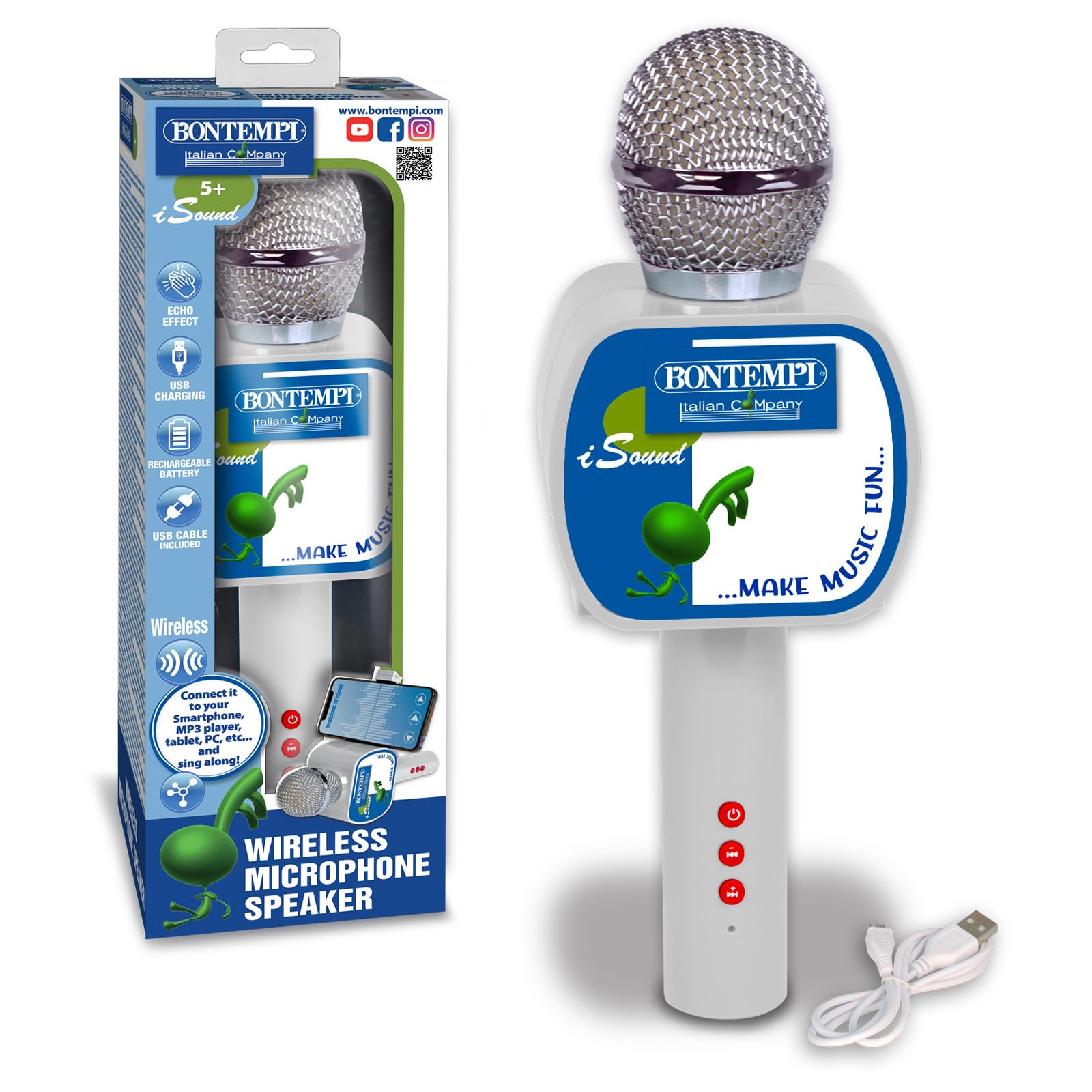 Bontempi | SonicLink Mic - Micrófono inalámbrico con Altavoz Integrado para un Rendimiento sin límites, 85x65x240 mm