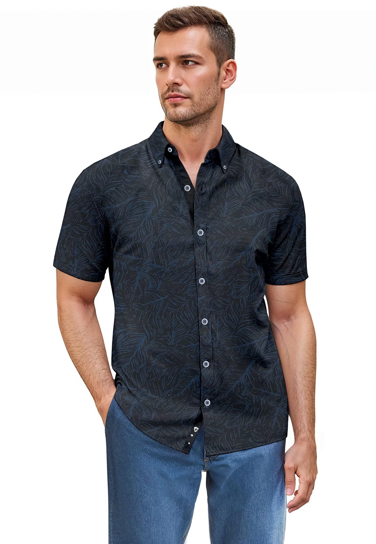 ETHANOL Men Classic Slim Fit Performance Woven Short Sleeve Wrinkle Resistant Print Shirt X-Large Nvyblk