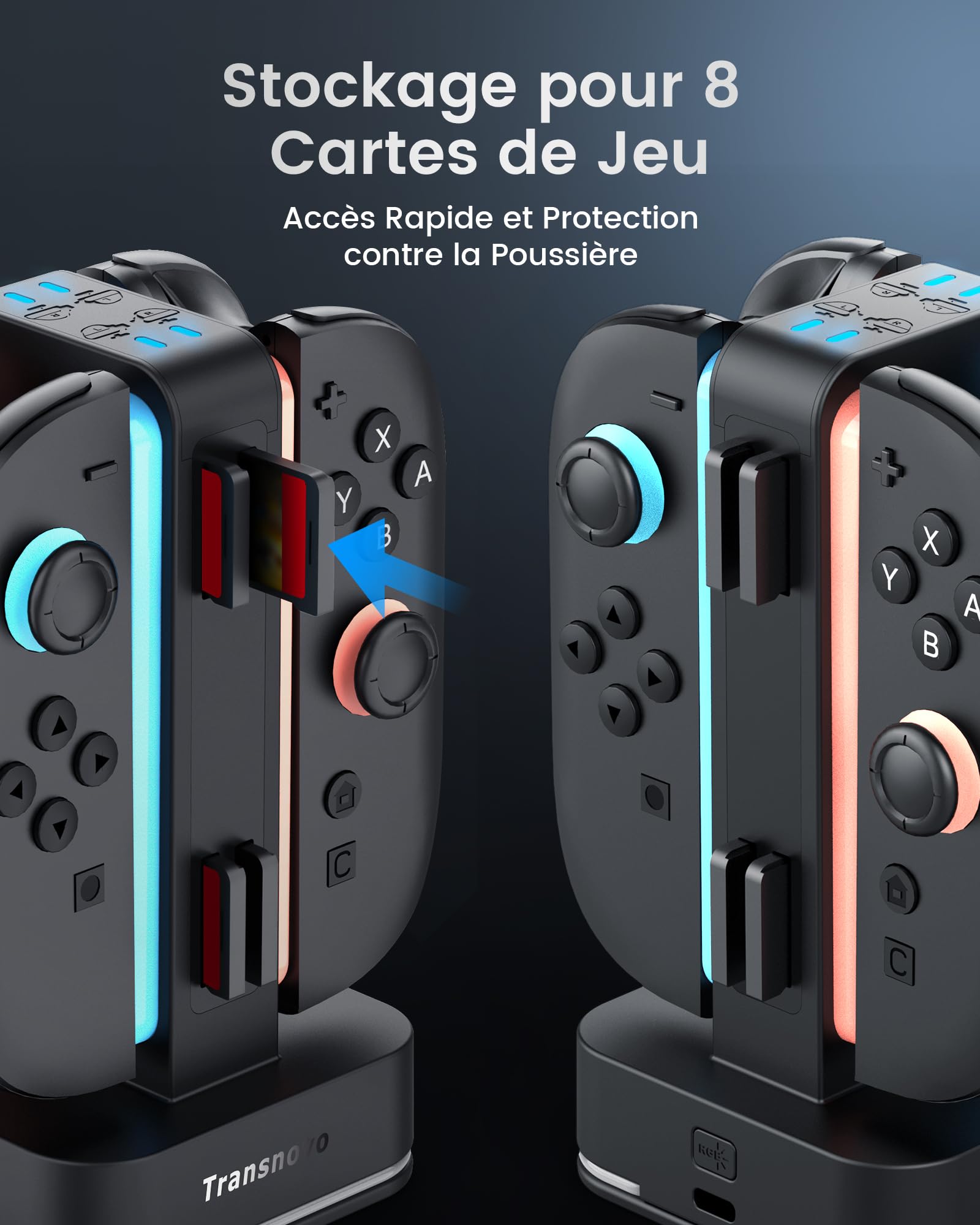 TRANSNOVO Chargeur Compatible avec Nintendo Switch 2, Station de Charge 4 en 1 avec 8 Emplacements pour Cartes de Jeu, Indicateur LED, 9 Modes RGB Lumière Gaming, Charge Simultanée de 1 à 4 Joycon