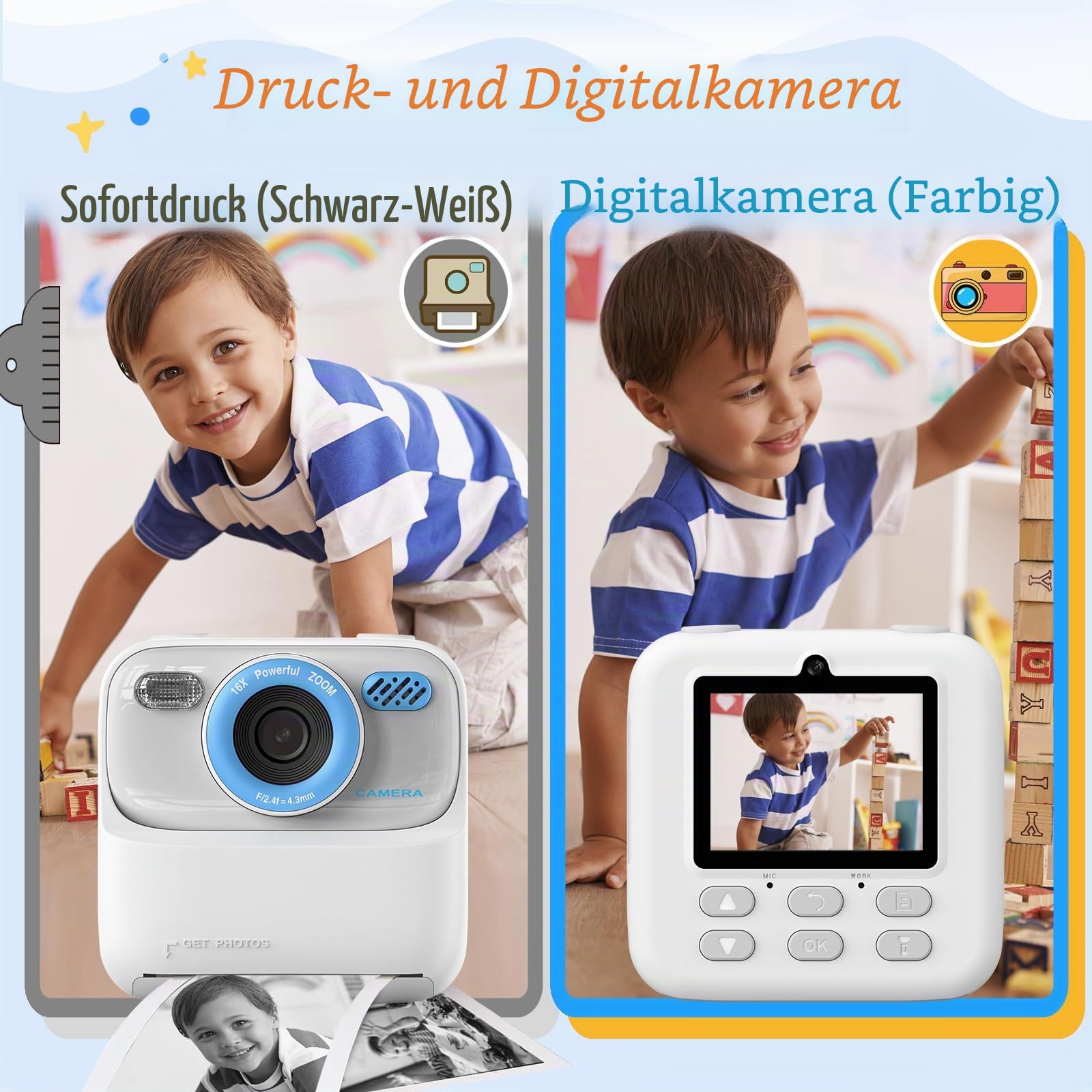 Upgrade Kinderkamera Sofortdruck für Jungen und Mädchen, 1080P HD Dual-Linse Selfie Digitalkamera mit Druckpapier, Weihnachten Geburtstag Geschenke Spielzeug für Kleinkind und Jugendliche