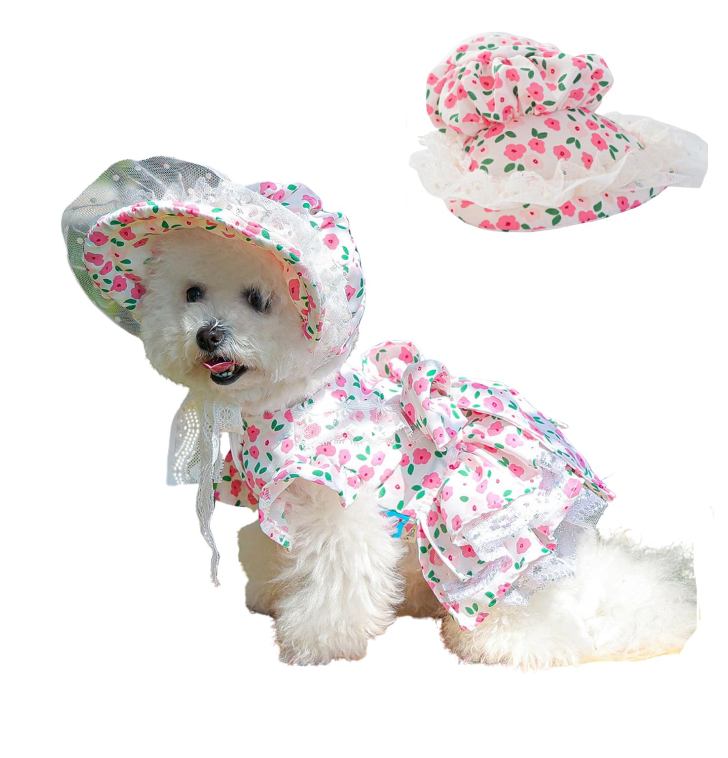 BT Bear Dog Hat,Flower Rural Lace up Pet Lady Dress Hat for Cats Girls Puppy Small Dogs,Pink Rose S