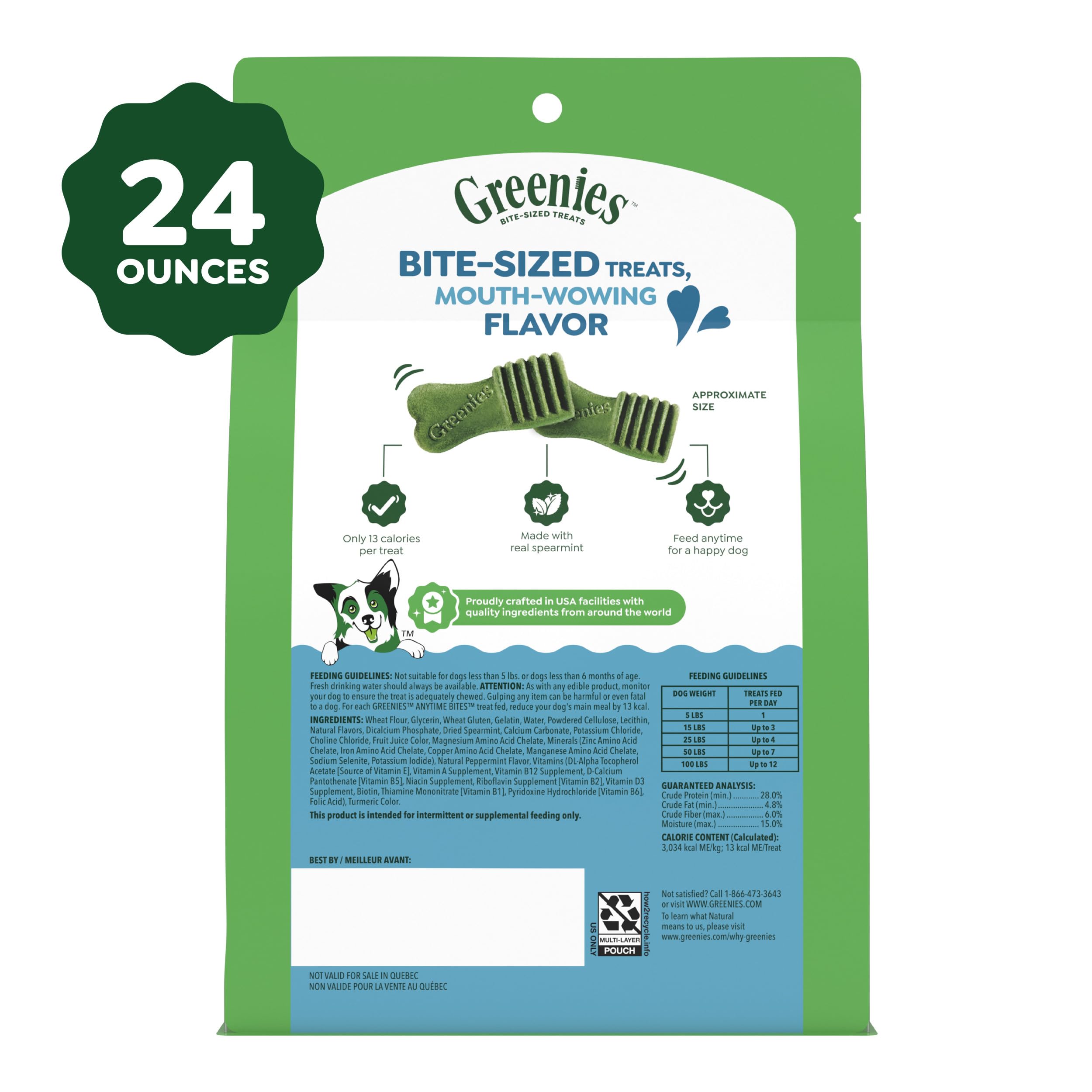GREENIES Anytime Bites - Golosinas para Perros, Sabor a Menta, Bolsa de 24 onzas