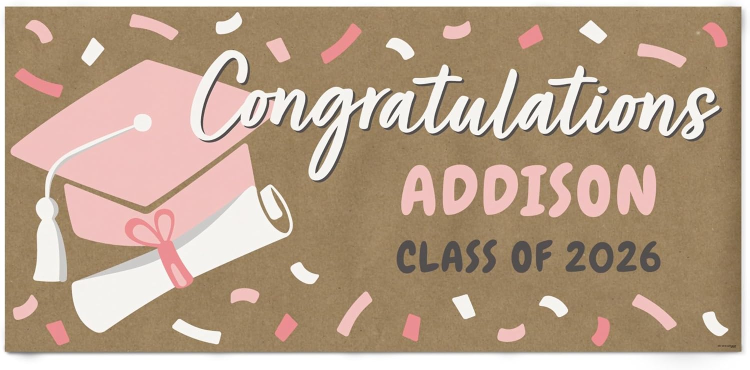 Big Dot of Happiness Personalized Rose Gold Pink Graduation Kraft Paper Banner, Congratulations Custom Name Printed Brown Paper Party Sign Decoration – 1 Count