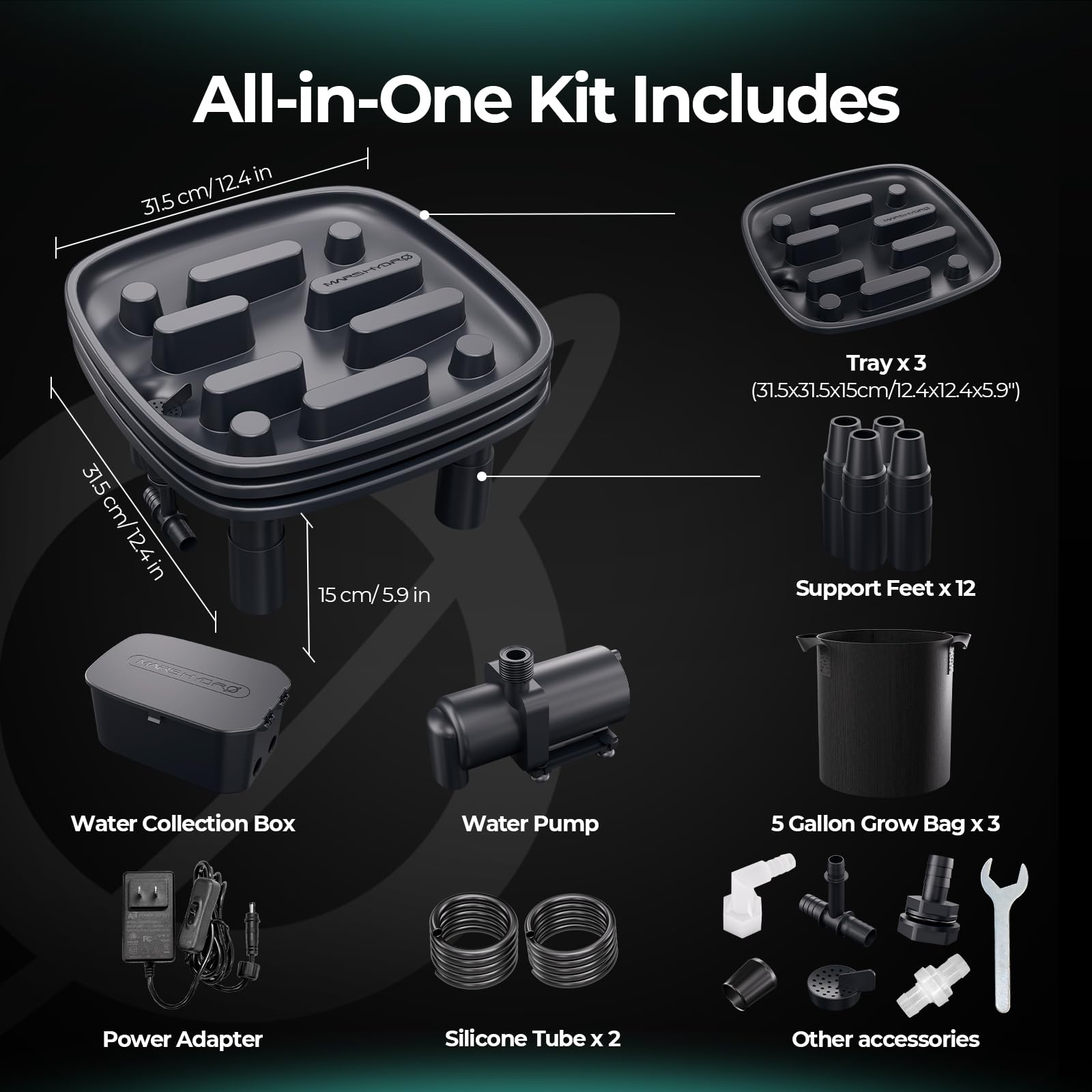 MARS HYDRO Automatisches Entwässerungssystem für Growzelt, 3er-Pack Drainage Schalen mit 25W Auto-Sensor Wasserpumpe, 5-Gallonen Grow Bags & Sammelbehälter, Automatisches Runoff-Kit für Indoor-Growing