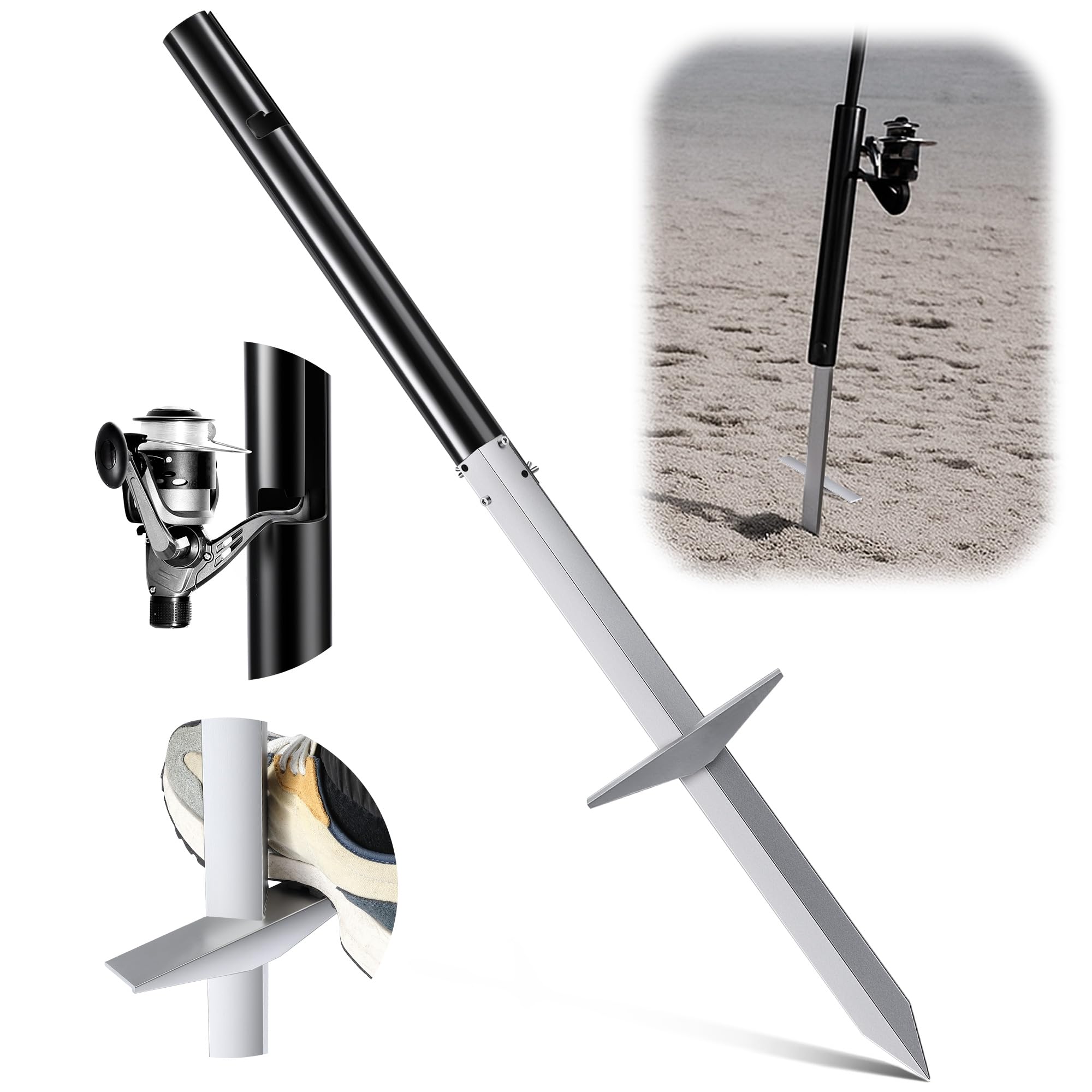 Piques de sable pour la pêche au surf, support de canne à sable avec pointe tranchante en alumine et plaque de pied soudée pour un soutien stable de la plage et du rivage, assemblage sans outil pour