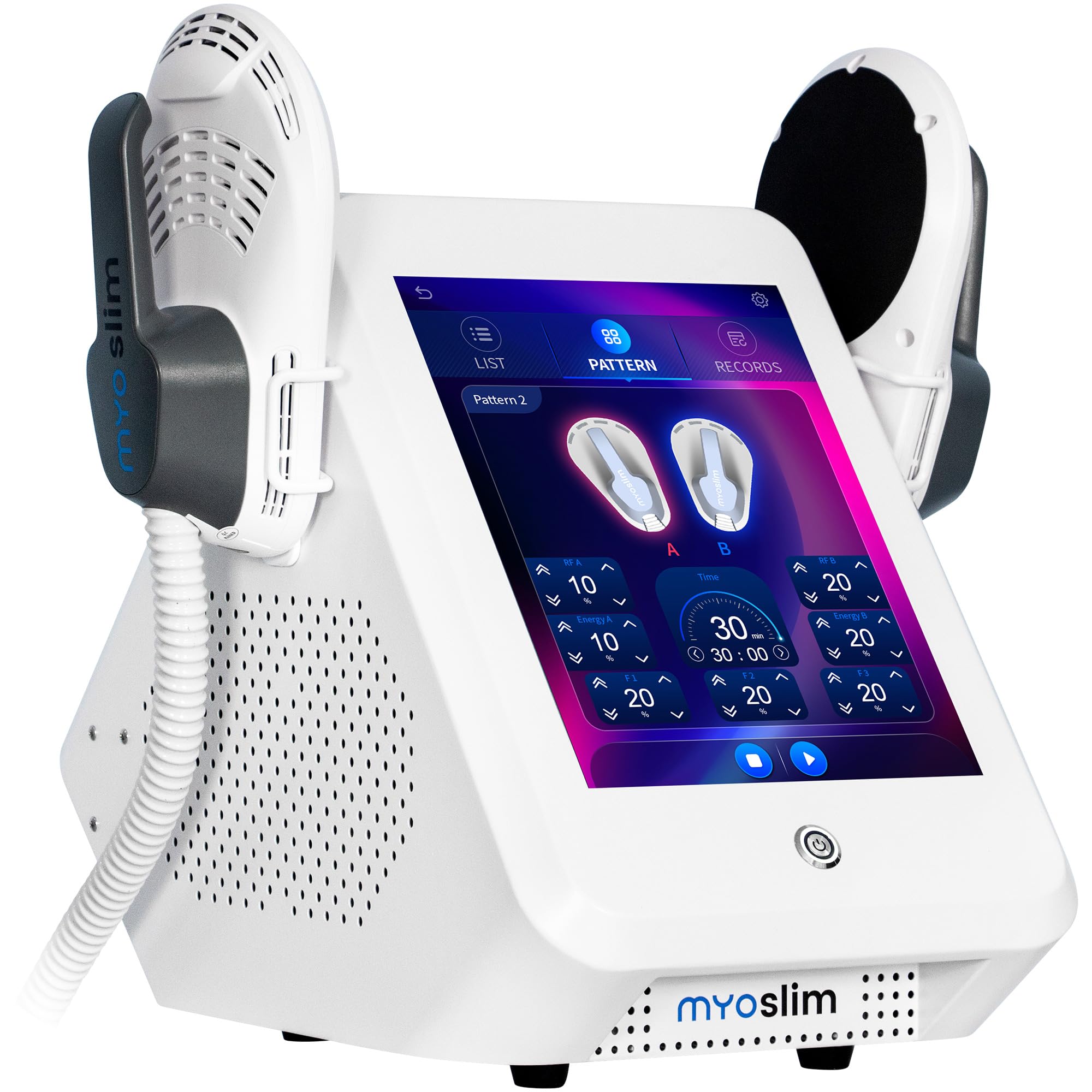 Dispositivo de electroestimulación muscular Myoslim, diseñado para el desarrollo muscular, el levantamiento de caderas y la pérdida de peso, para uso personal o comercial, color blanco.