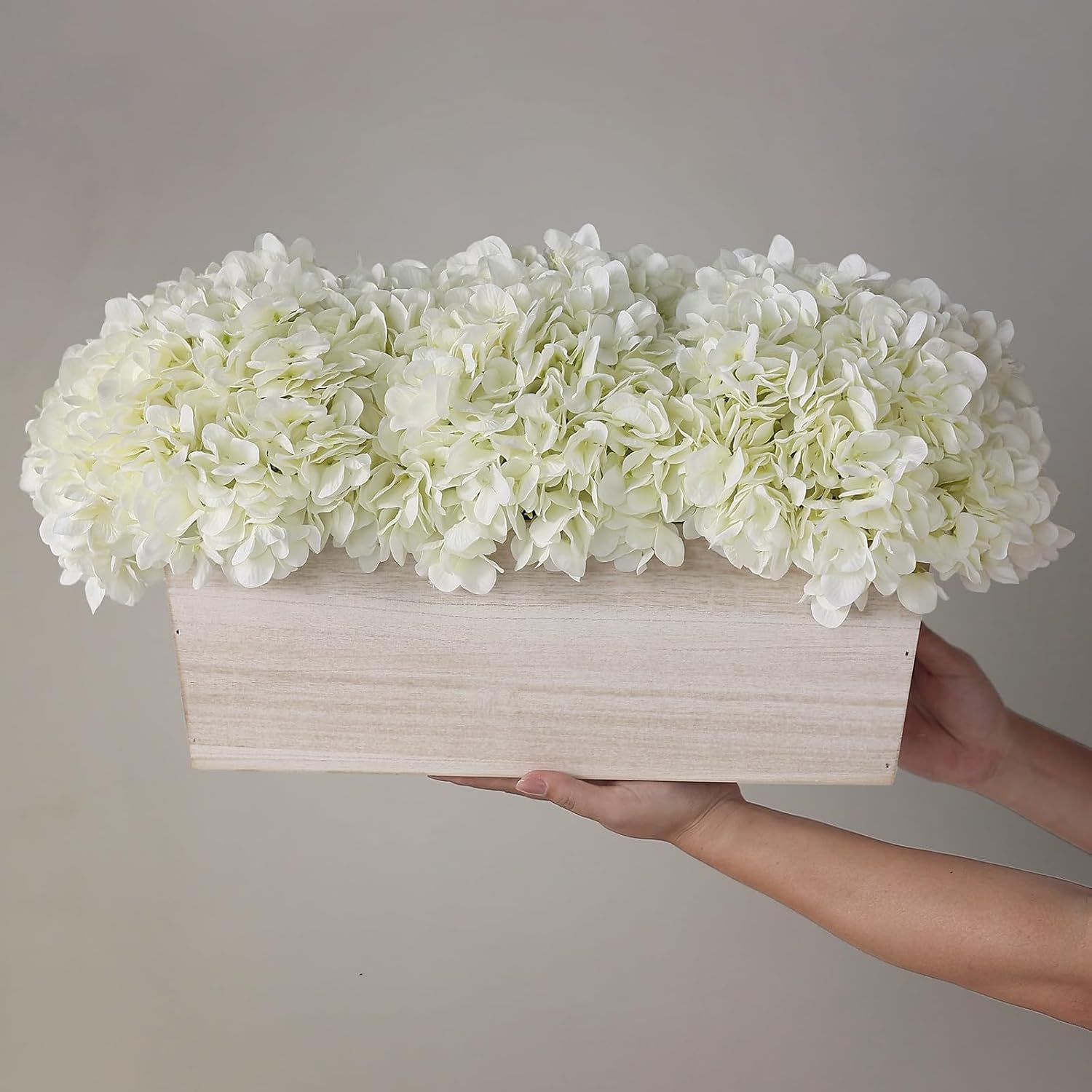 21" Large Artificial Hydrangea Arrangement in Planter for Table Centerpiece, Lifelike Fake Hydrangea Potted Plant, Silk Faux Flowers in Wood Planter for Farmhouse Home Office Shower Decor (White)