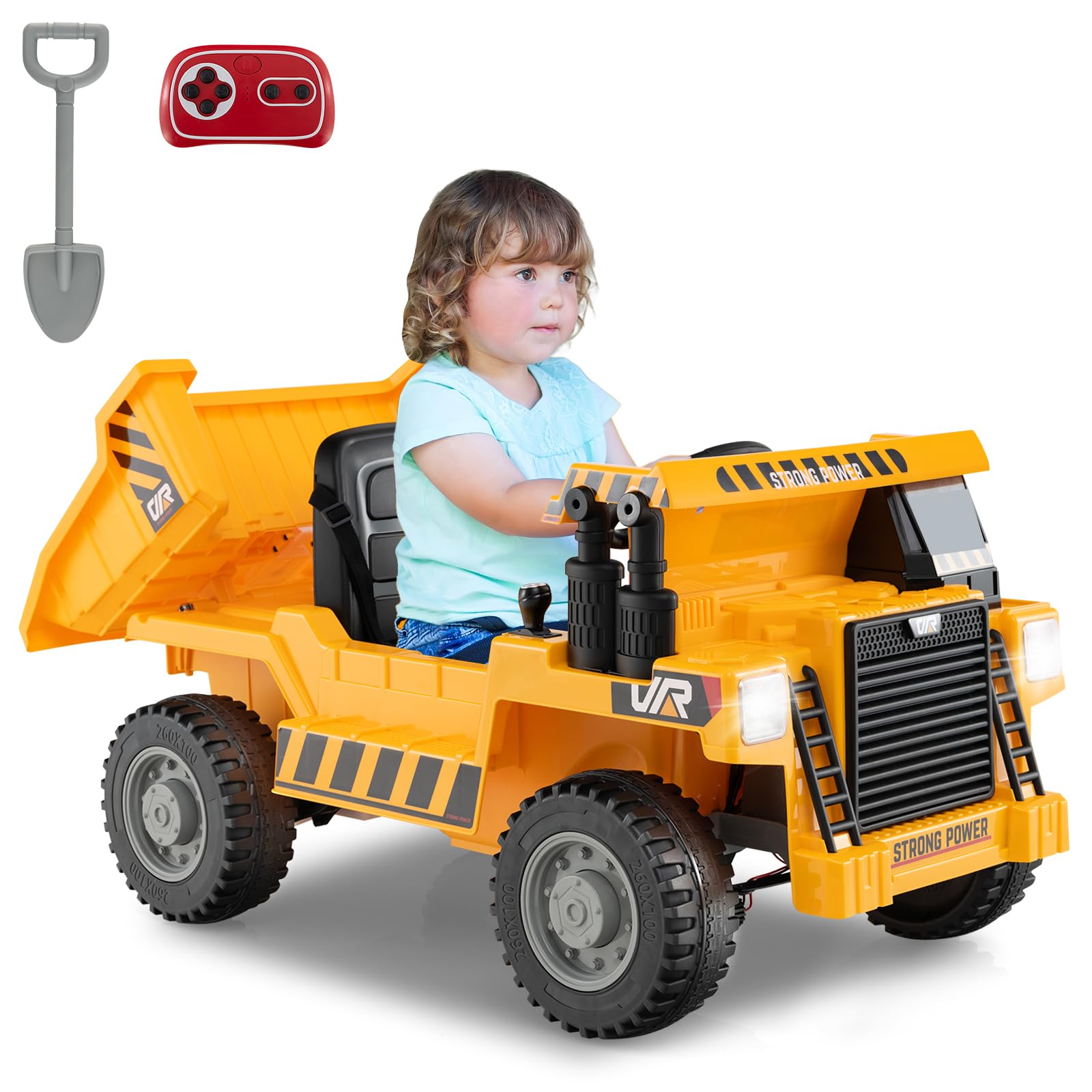 Maxmass 12V Kids Electric Ride on Car, Children Ride on Dumper Truck with Remote Control, Adjustable Dump Bed, Shovel, Music, USB, Boys Girls Electric Construction Vehicle for 37-96 Months (Yellow)