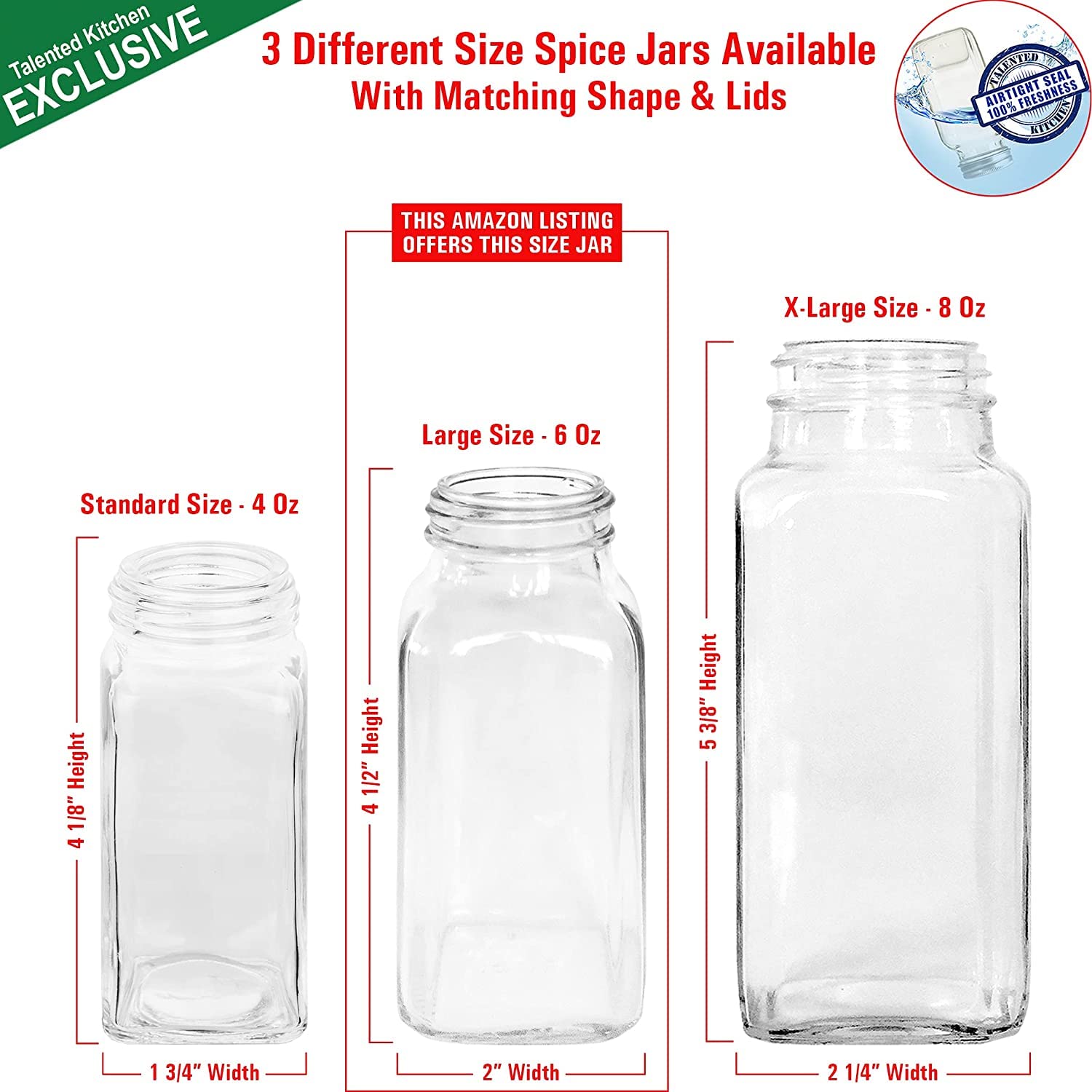 Talented Kitchen 14 Large Glass Spice Jars w/2 Types of Preprinted