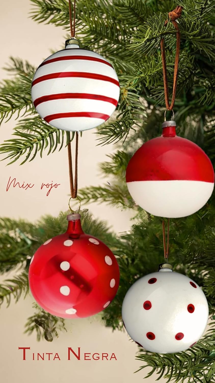 Christmas Ornaments | Made of Glass | Crafted by Hand | Red and White Christmas Decor | Ideal with Christmas Lights | Christmas Tree Decorations | Set 12 pcs | 2.4in (6cm) Diameter