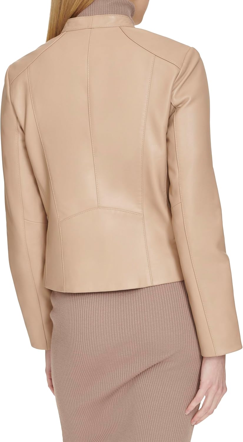Cole Haan Women's Long Sleeve Snap Collar Asymetric Zipper Leather Jacket