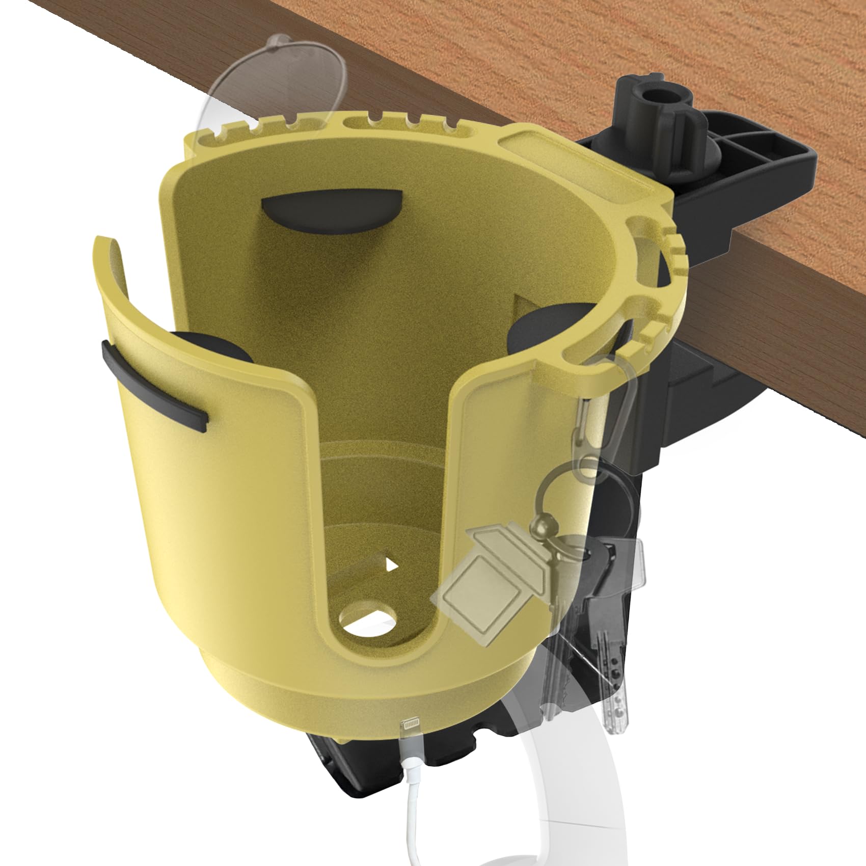 Desk Cup Holder with Headphone Hanger, Clip on Cup Holders for Desks with Spill-Proof Cup Design, Easy to Install, Enough to Hold 8-28OZ Coffee Cups,