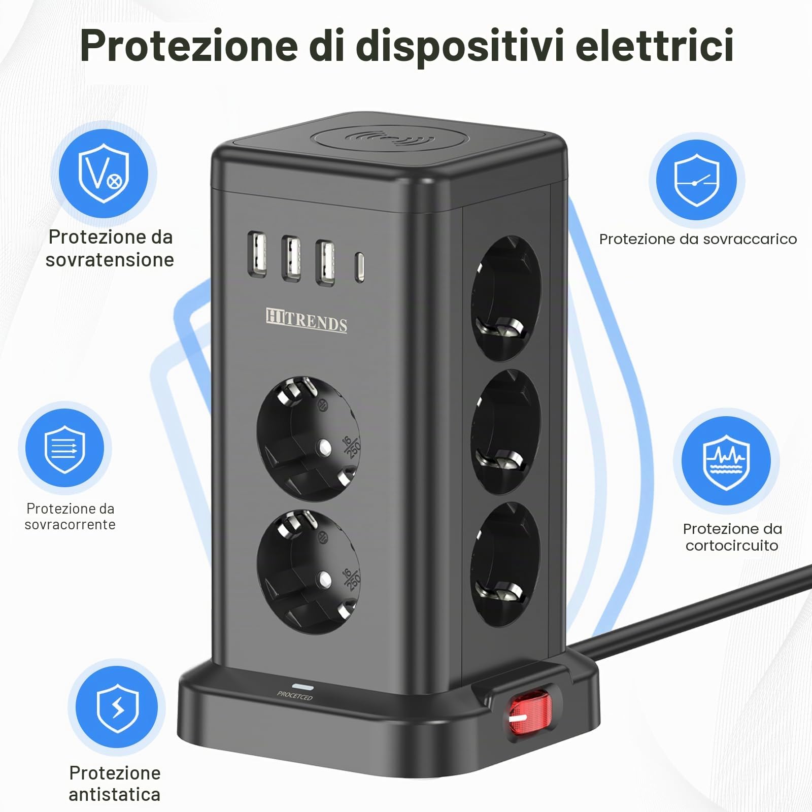 Ciabatta elettrica con USB, 11 prese, con caricatore wireless, torre con stazione di ricarica induttiva, cavo da 2 m, protezione da sovratensione