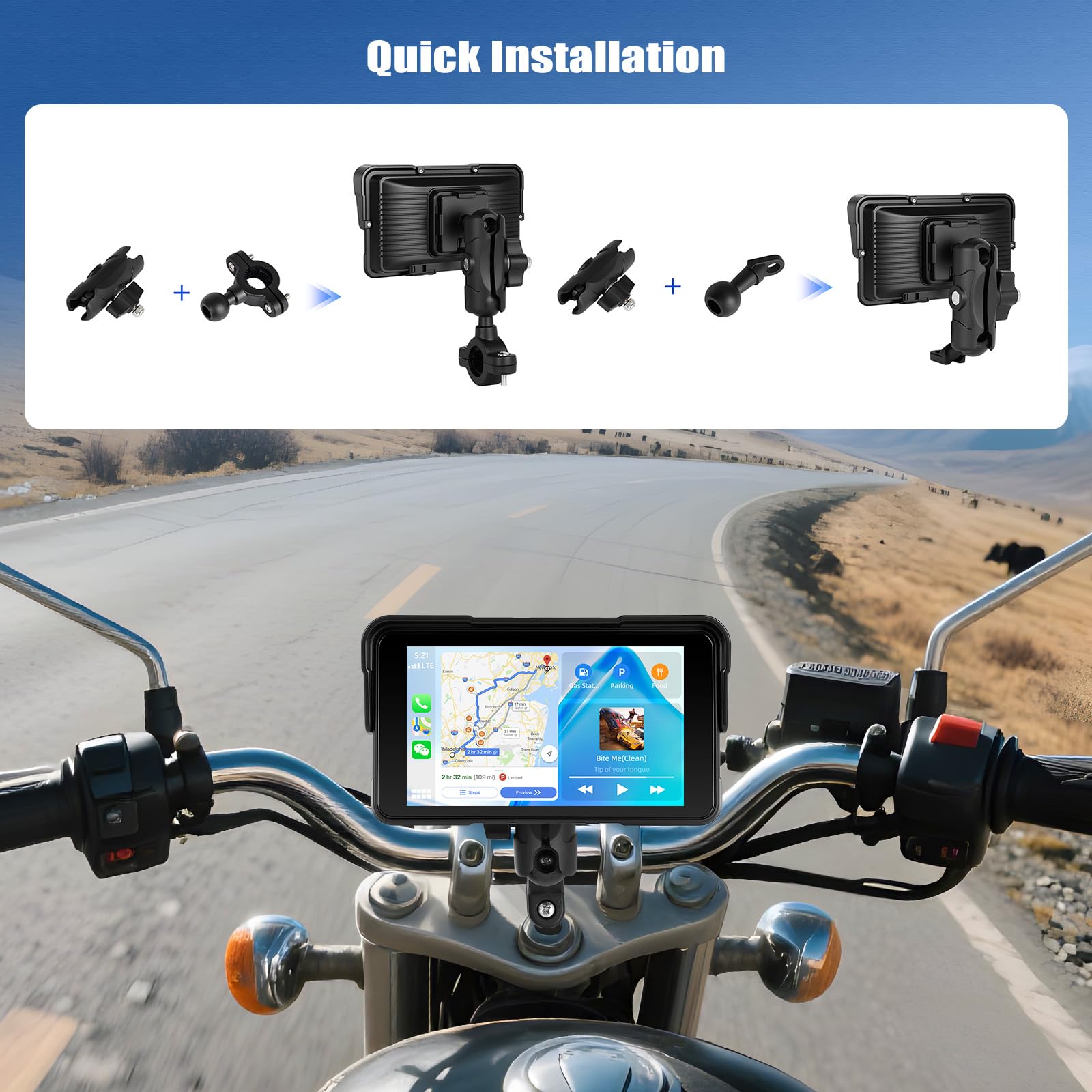 SIXWIN Motorrad Carplay Bildschirm für Moto mit Wireless Carplay Android Auto, 5 Zoll HD Touchscreen Tragbare Autoradio IP68 Wasserdicht Motorcycle GPS-Navigation Dual-Bluetooth Siri/GOO-gle