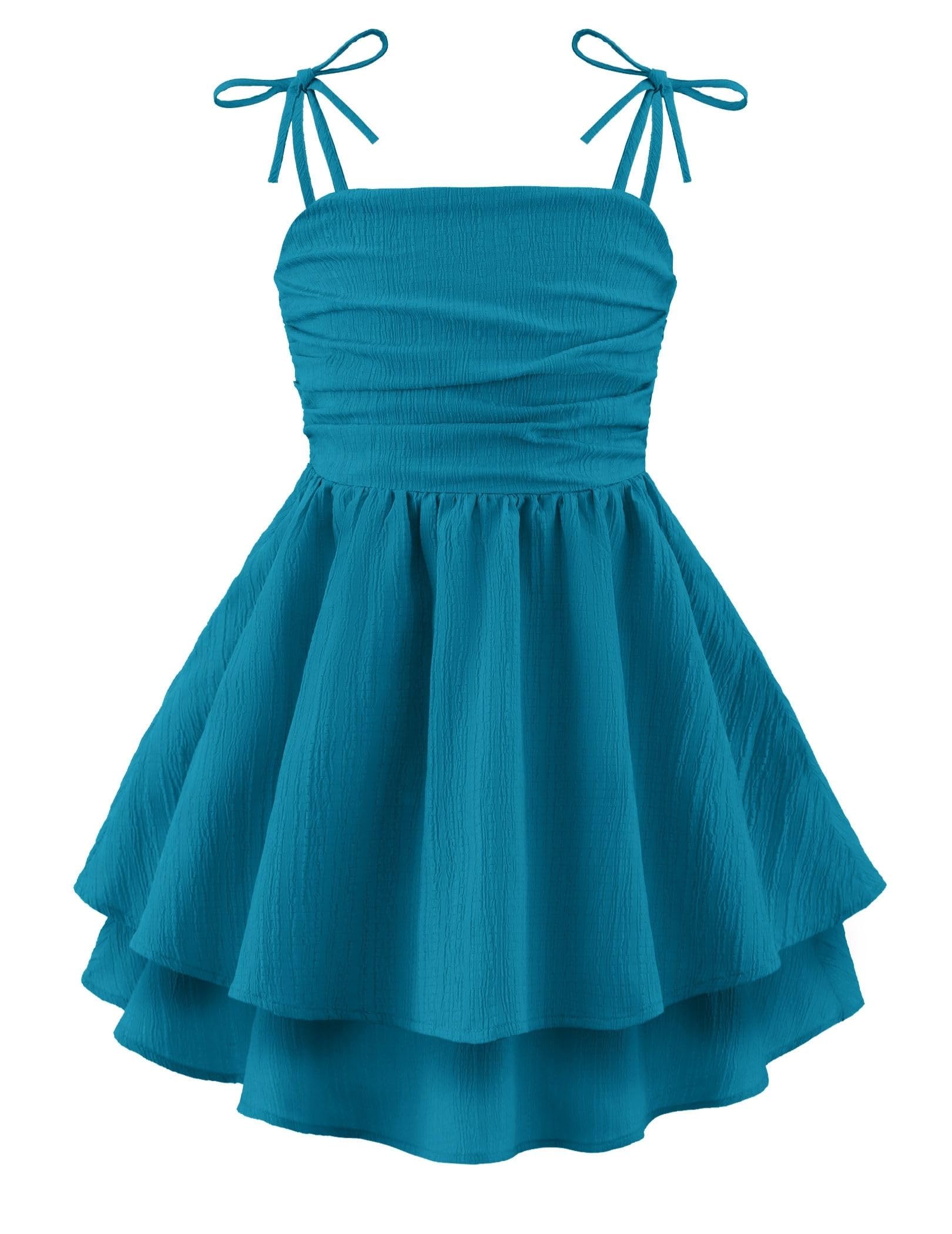 Arshiner Girls Summer Spaghetti Strap Dresses Flowy Tiered Ruched Smocked Back Casual Beach Midi Sundress