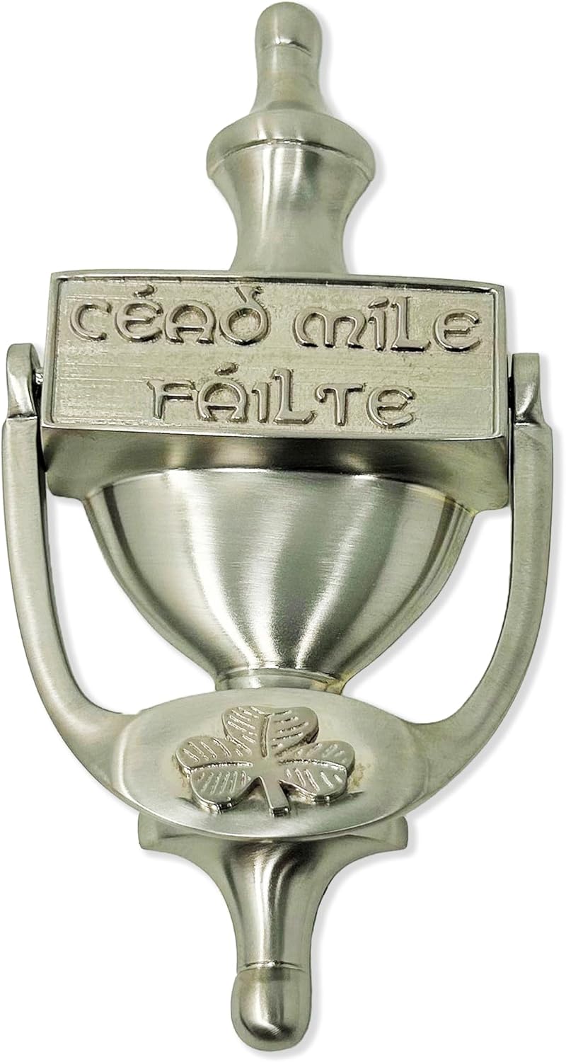 Door Knocker for Front Door with Shamrock and Cead Mile Failte Knocker 8" Brass, Satin Nickel Ireland Welcome Gift (Satin Nickel)