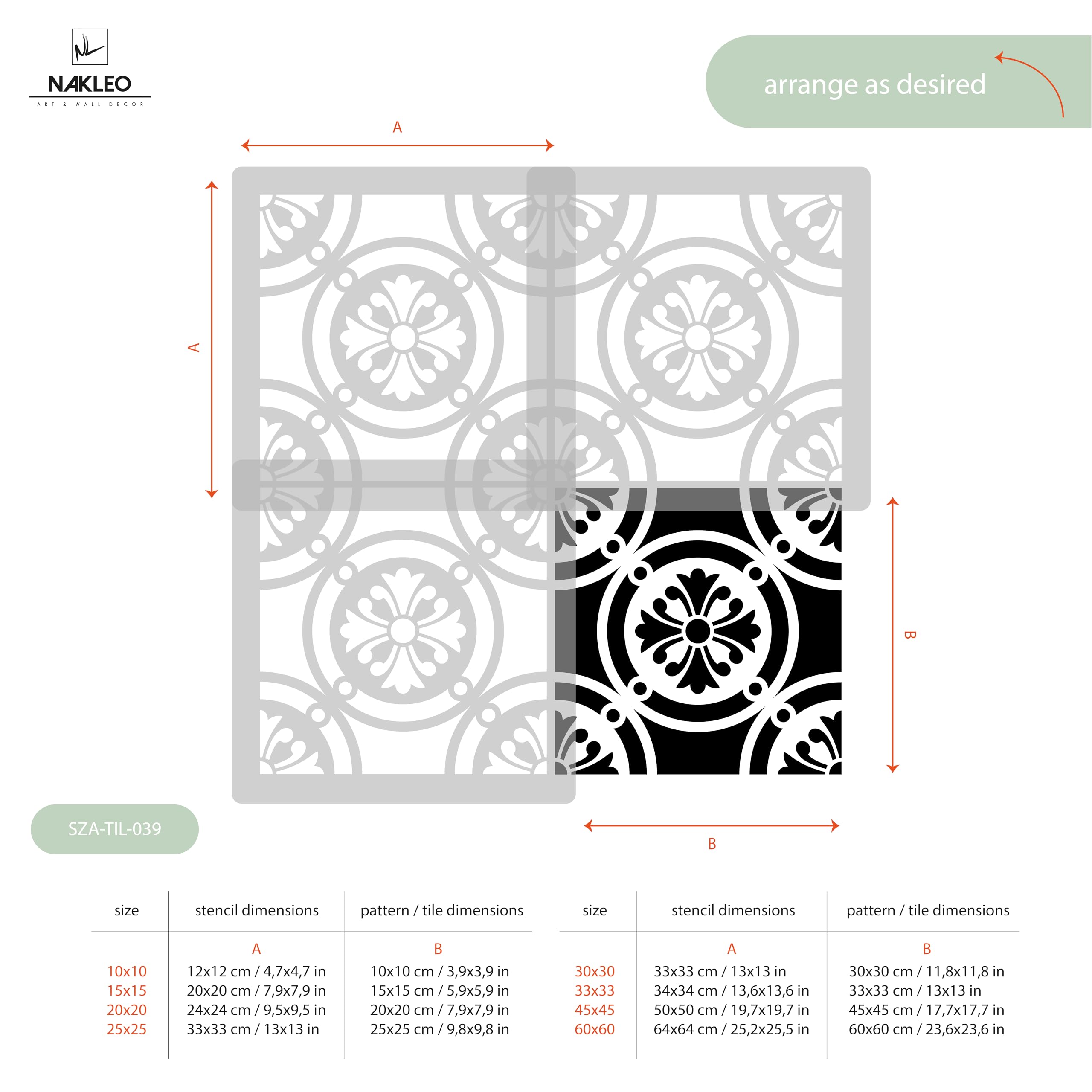 NAKLEO Pochoir à Carreaux pour Peinture 60x60cm, Grand Format Modèle en Plastique et Réutilisable, Lagoa Espagnol Floral Mosaïque Marocain, DIY Bricolage Décoration, Pavé Blocs Béton Sol Mur