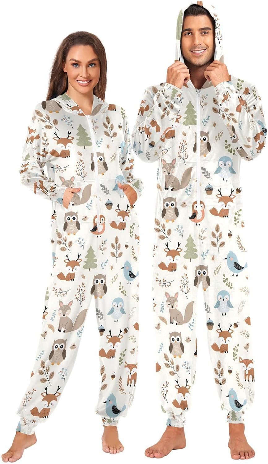 Owl Fox Forest Animal Pattern Adult Onesie Pajamas Novelty One Piece Costume Sleepwear Jumpsuits Matching PJS