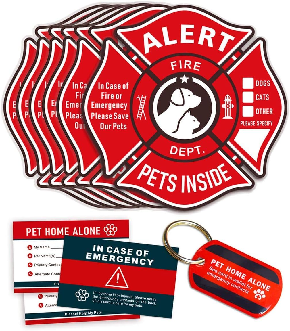 WINGKIND Pet Alert Stickers Static Cling Window Decals Emergency Pets Rescue Sign (6 Pack) with Bonus: Pet Home Alone Wallet Card & Key Tag - NO Adhesive, Removable, UV Resistant