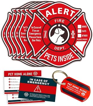 Pet Alert Stickers Static Cling Window Decals Emergency Pets Rescue Sign 6 Pack with Bonus Pet Home Alone Wallet Card & Key Tag - NO Adhesive, Removable, UV Resistant