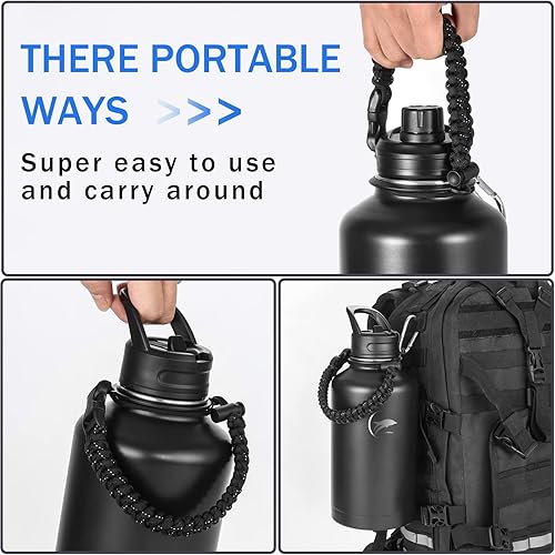 Miniatura 5 de Botella de agua aislada de 64 onzas, botella de agua de acero inoxidable al vacío con tapas de popote y tapas de boquilla, mango de paracaídas,