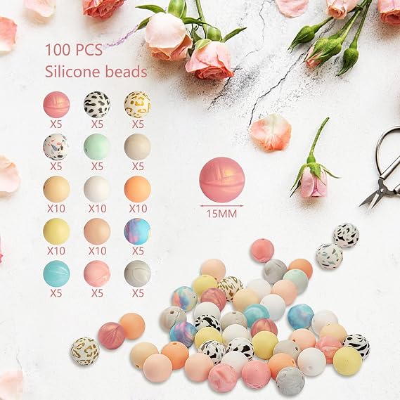 100pcs Silicone Beads 15mm for Bracelet Making 15mm Silicone Round Beads Kit Coloured Beads for Keychain Necklace Bracelet Jewelry Making DIY Craft Supplies