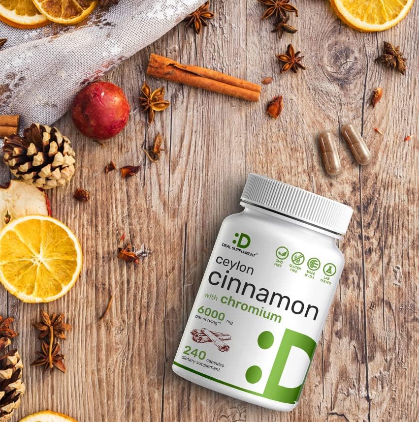 Ceylon Cinnamon 6000mg with Chromium 1000mcg, 240 Capsules | Active Inner Bark Extract, True Sri Lanka Source | Natural Cinnamon Supplements