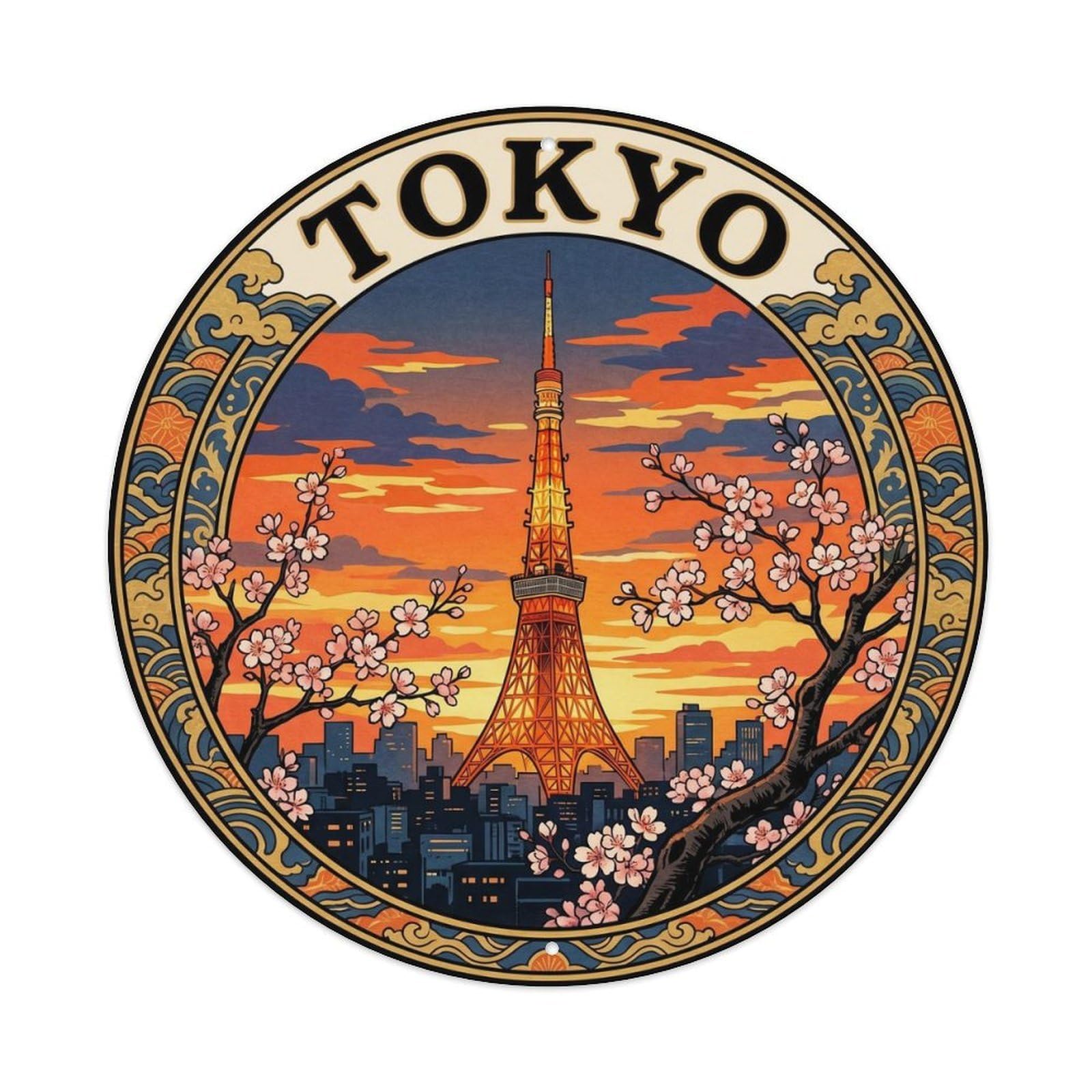 Olyhtr 8X8inch Classic Style Tokyo Tower Sunset Golden Woodblock Orange Indigo Japan Metal Tin Sign