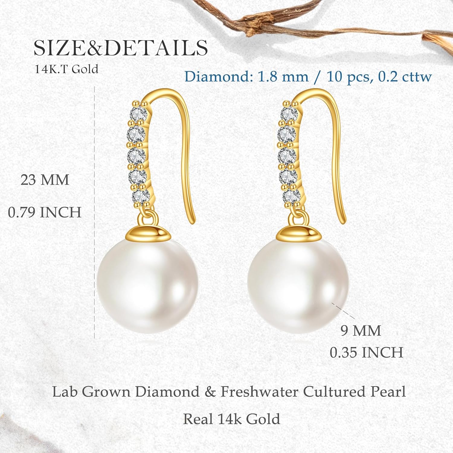 14k Gold 0.2 Cttw Lab Grown Diamond and Freshwater Cultured Pearl Dangle Earrings for Women, Fine 14kt Jewelry Gifts for Her